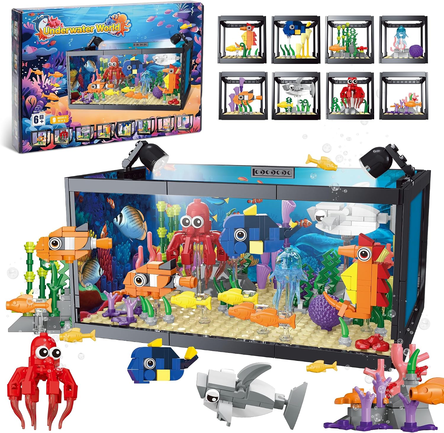 8-in-1 Aquarium-Baustein, Meeresaquarium-Baustein mit LED-Licht, einschließlich Meeresquallen, Fischen, Tierbauspielzeug, Geburtstags Geschenk für Kinder Jungen Mädchen ab 6+ Jahren