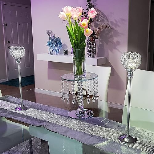 Miniatura 2 de Tall Silver Candle Holders for Table Centerpiece Set of 2 13" + 10" - Bling Candle Holders, Silver Crystal Candle Holders - Includes Candle