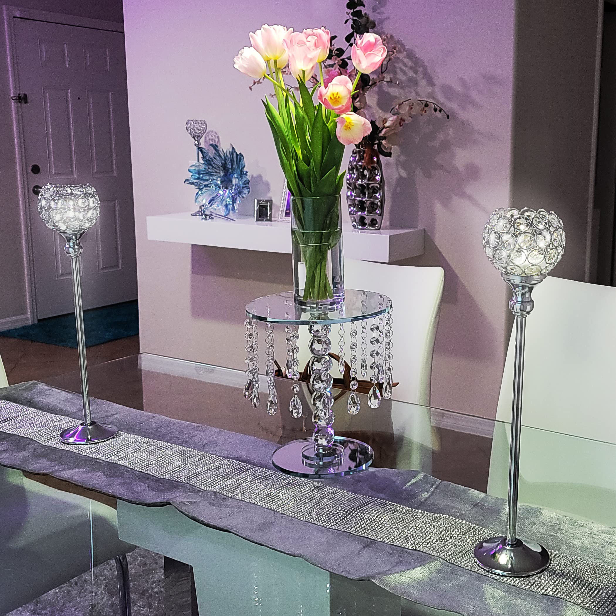 2-Piece Crystal Candle Holders - 10 Inch Tall, With Snuffer, For Tealights & Votives
