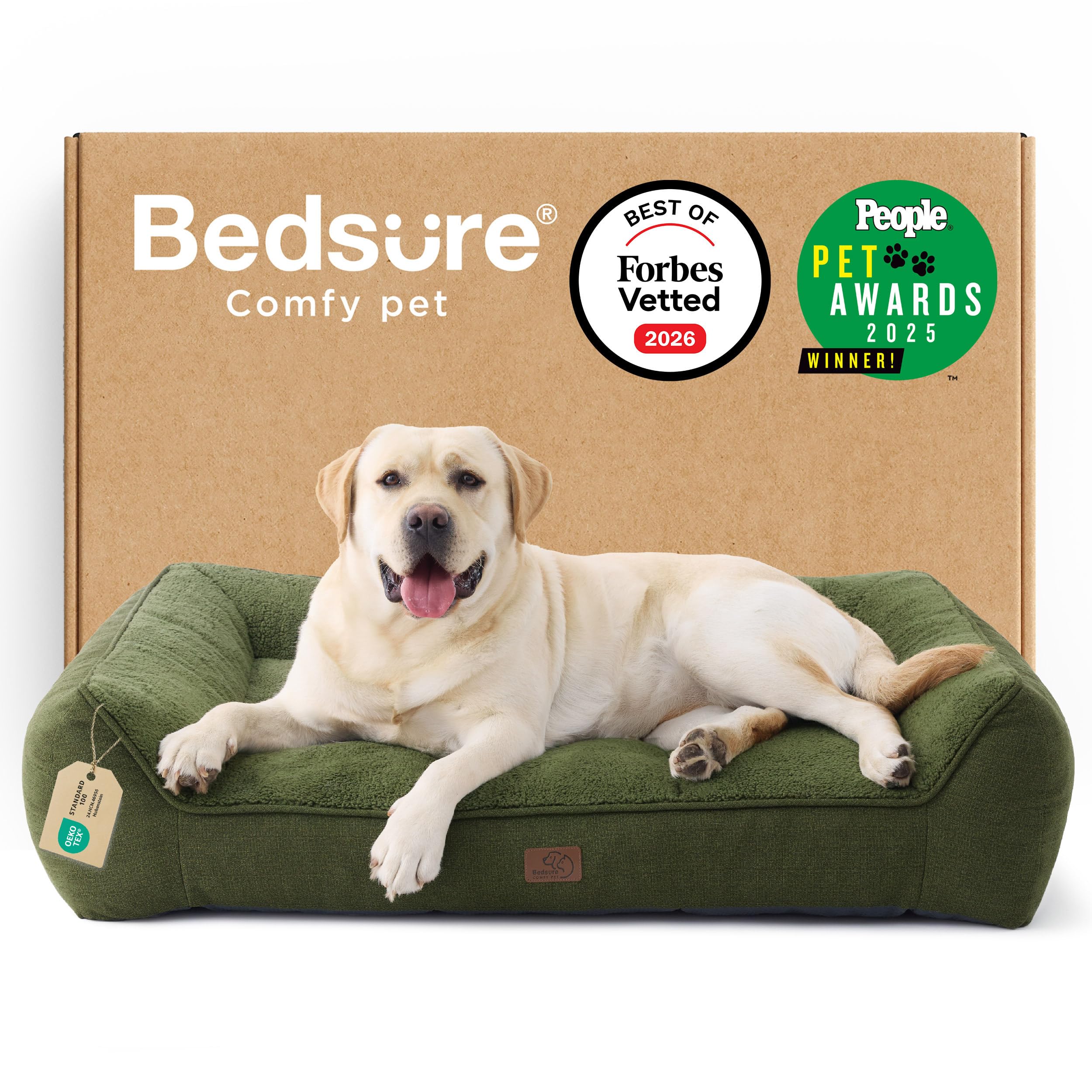 Bedsure XL Orthopedic Dog Beds Large - 114x81cm Extra Thick Supportive Dogs Sofa with Waterproof Washable Cover, Extra Large Pet Bed Sofa with Soft Plush Sherpa and Nonskid Bottom, Dark Green