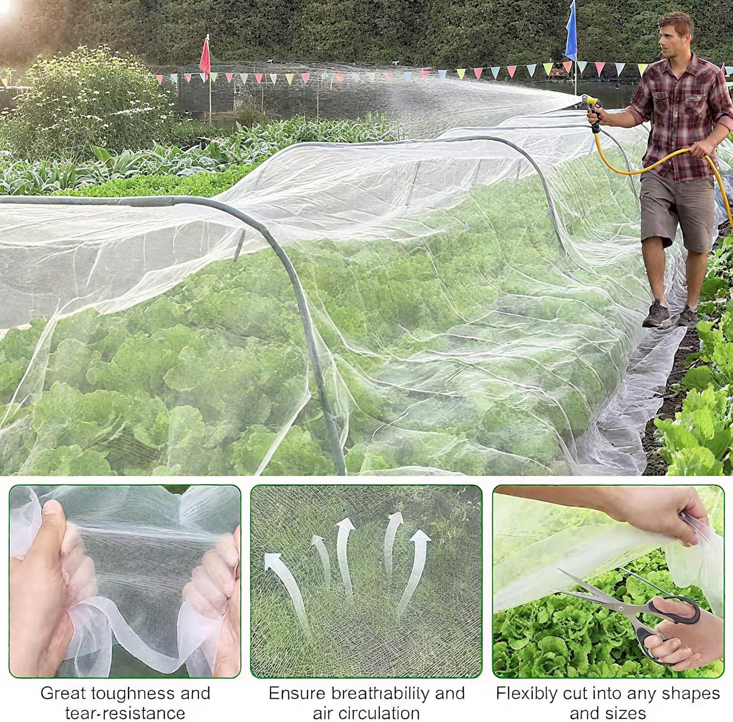 Garden Mesh Netting Kit, 10 * 33ft Ultra Fine Netting with 6pcs Garden Hoops for Raised Beds, Plants Cover Net for Vegetable Fruit, Animals Barrier Protection Greenhouse Row Cover