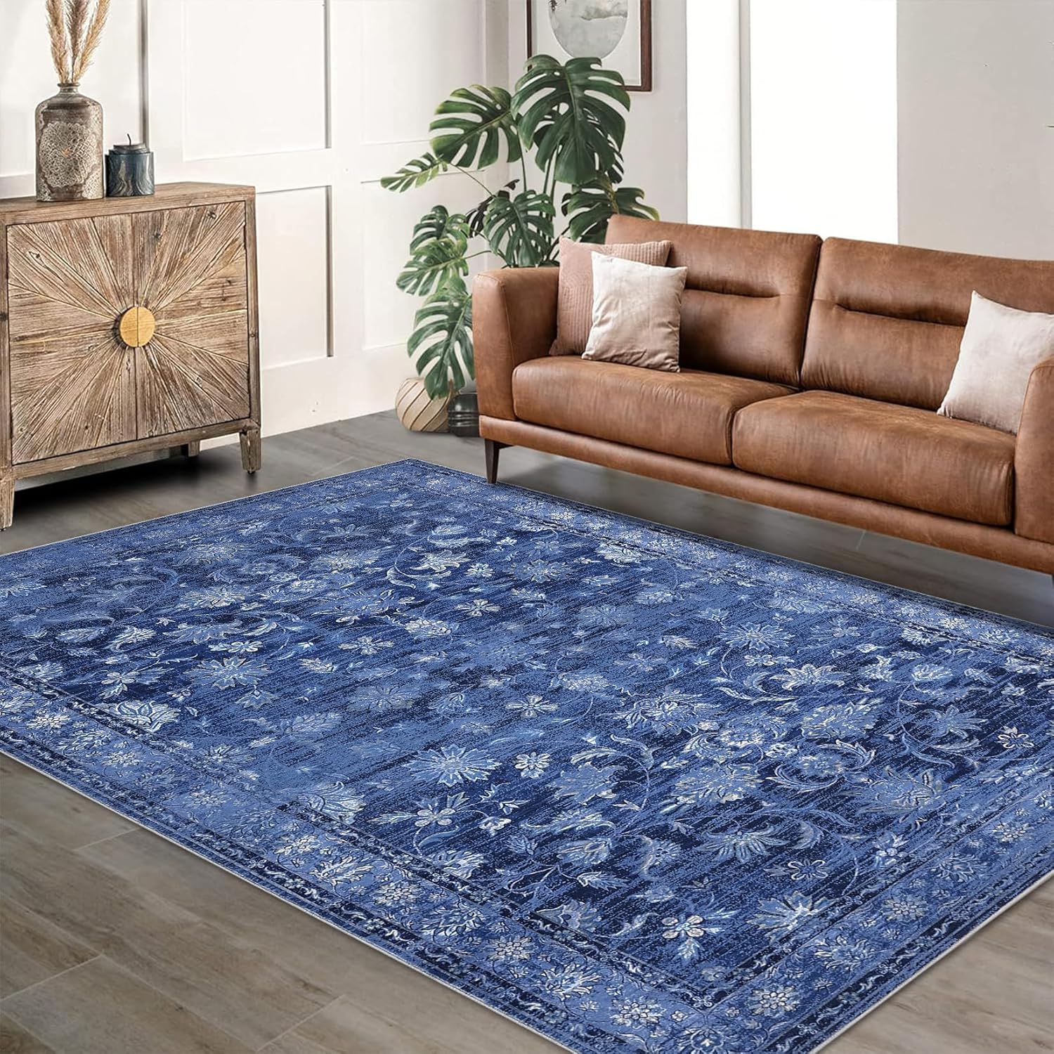 area rugs 9'x12' for living room vintage non slip washable rugs for dining room bedroom indoor rugs for office blue blue tint 9' x 12' (rectangular)