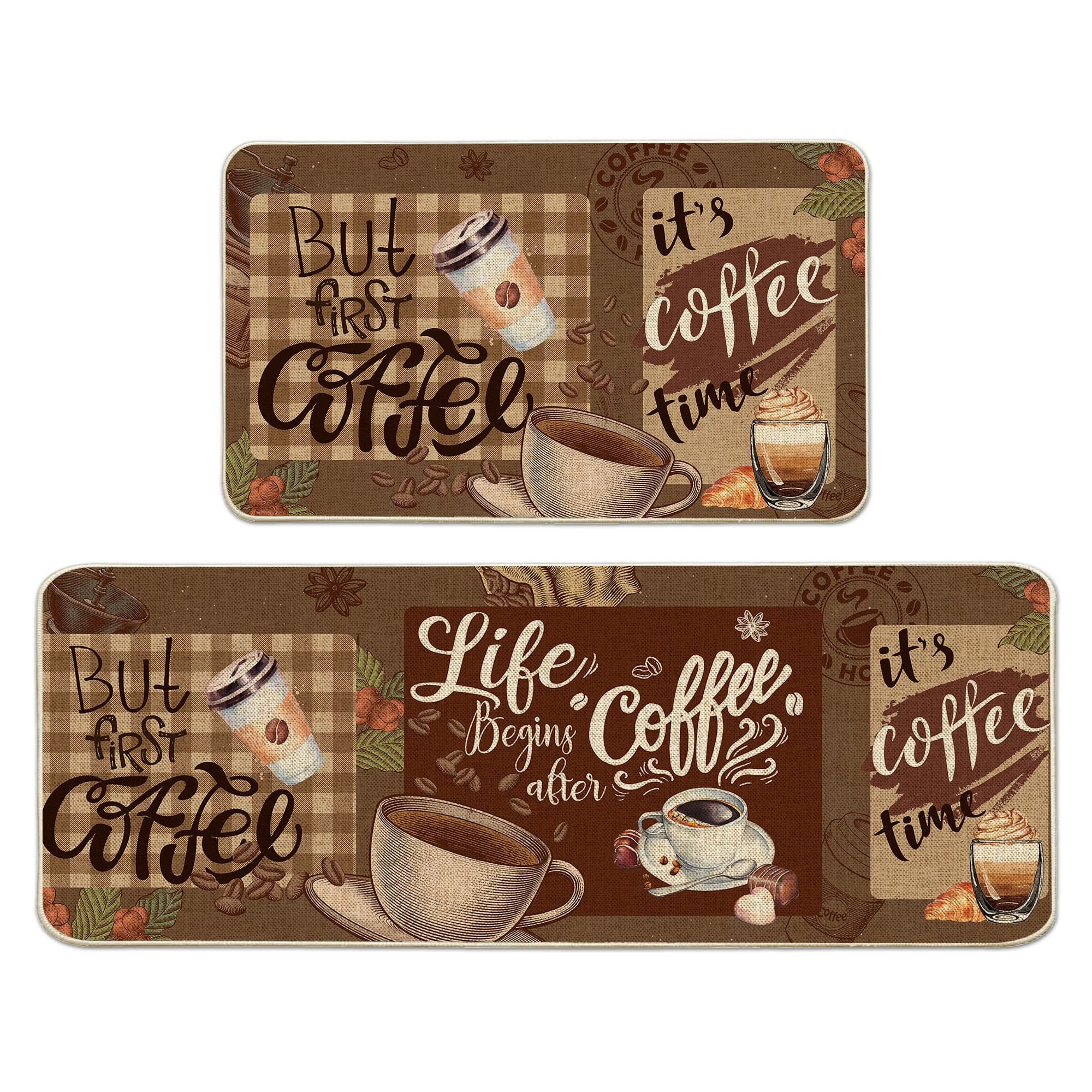 Hexagram Coffee Kitchen Rugs and Mats Set of 2, Coffee Decor Farmhouse Brown Decorations for Home, Brown Kitchen Decorative Mats 17x29-17x47 Inches