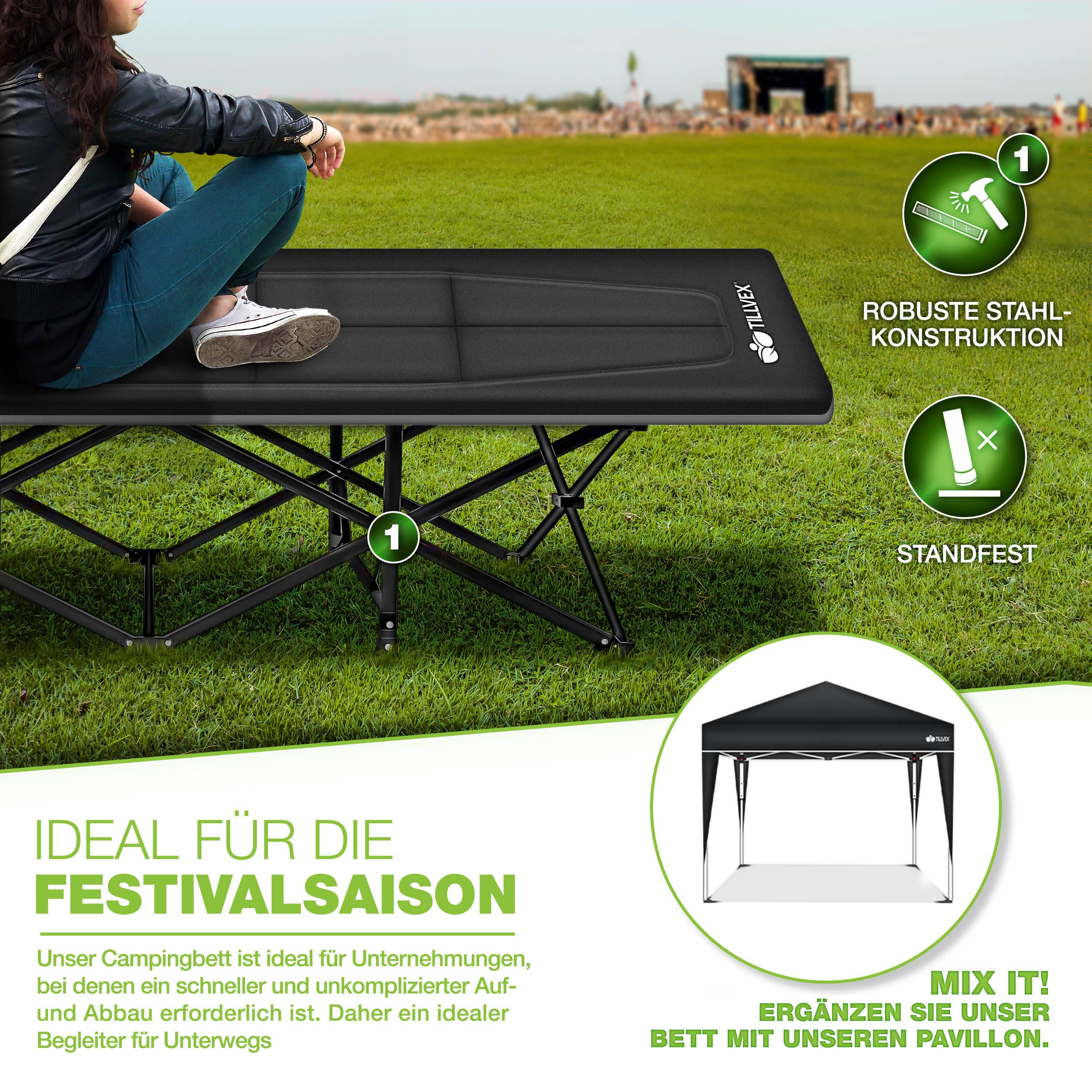 tillvex® Campingbett klappbar mit Tragetasche bis 200 kg | Campingliege extra breit | Feldbett Karpfenliege für Outdoor & Indoor | Klappbett Gästebett faltbar Garten Camping Angeln Festival Reise