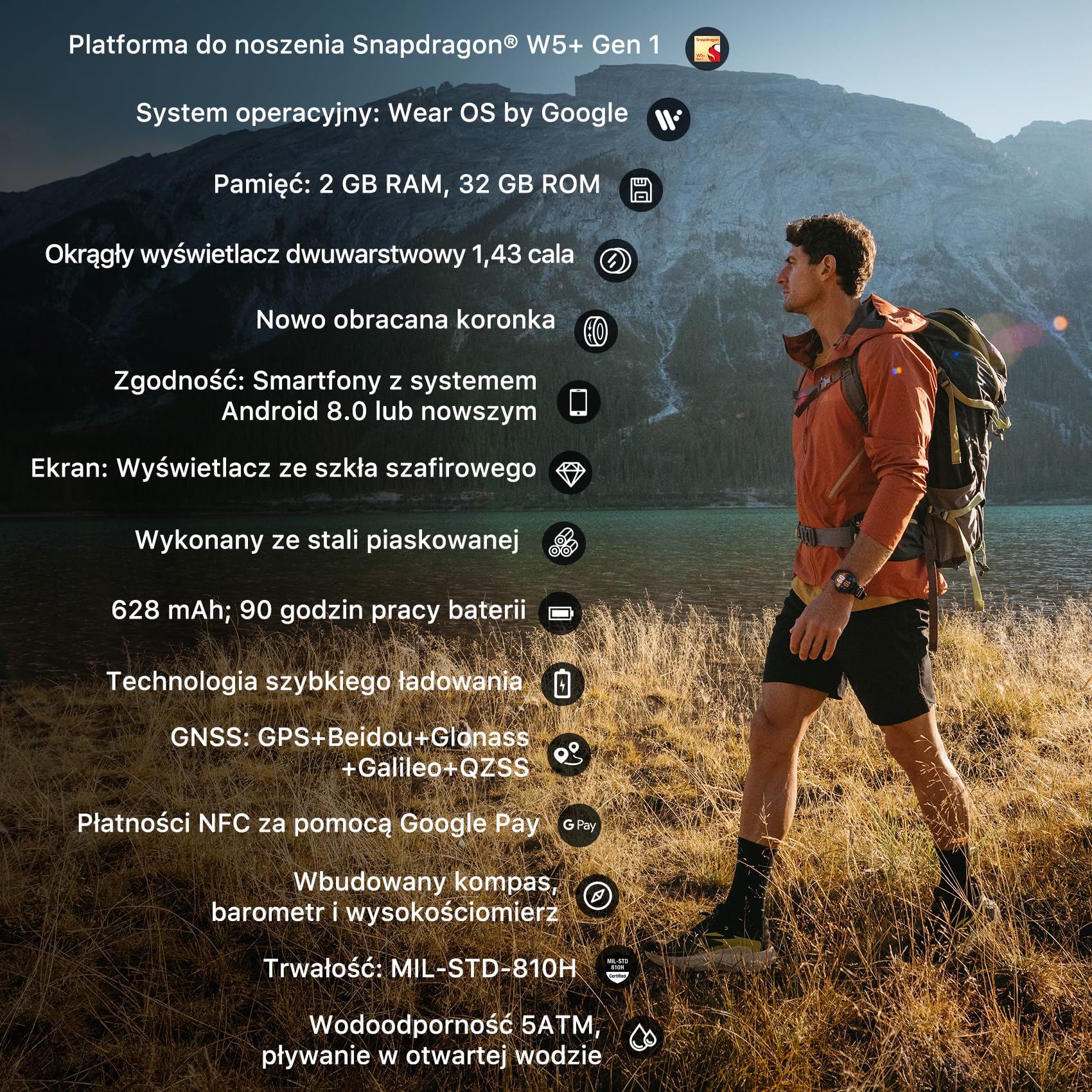 TicWatch Atlas Smartwatch dla mężczyzn Android Wear OS Smart Watch Outdoor Bateria 90 godzin 110+ trybów ćwiczeń Mapa cieplna Wykrywanie upadków Monitor zdrowia i kondycji 5ATM GPS Kompas (Czarny)