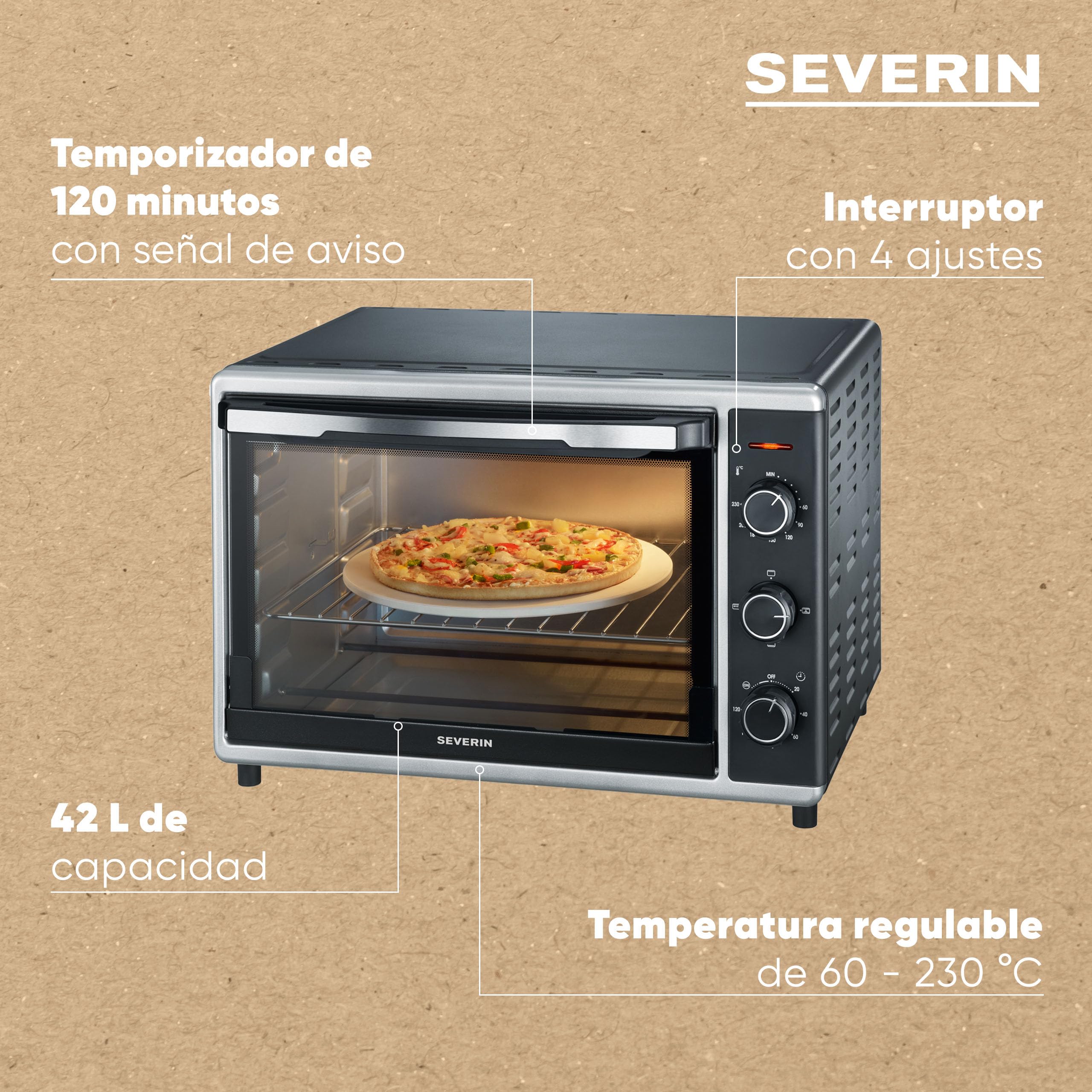 SEVERIN Horno tostador con función de convección, mini horno tostador con grill y bandeja, horno pequeño con piedra para pizza y asador giratorio, 1800 W, 42 L, negro, TO 2058