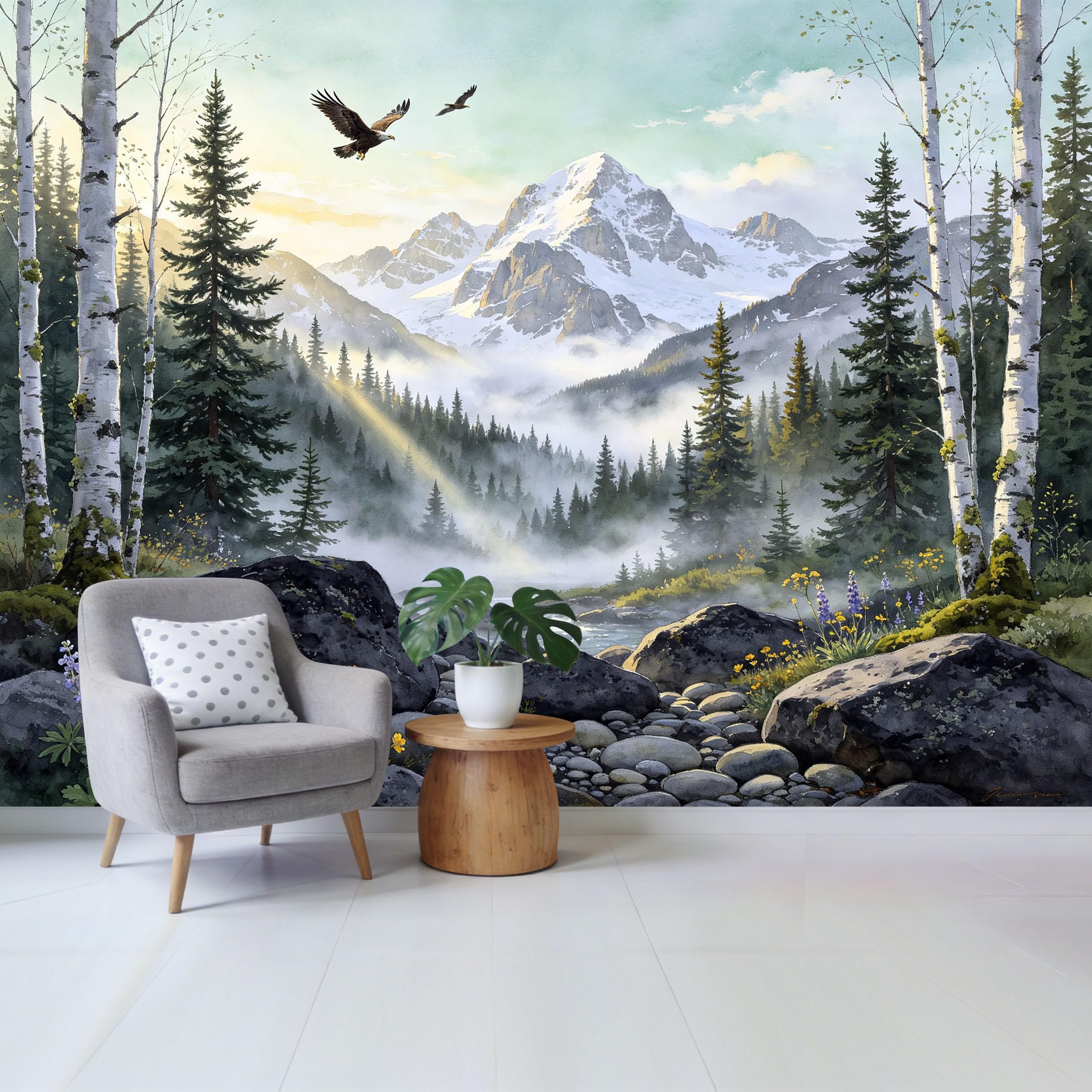 Custom Size Wall Mural Majestic Mountain Peak Pine Forest Eagle Watercolor Removable Self Adhesive Fabric，Home Wall Decor for Living Room Bedroom Bathroom