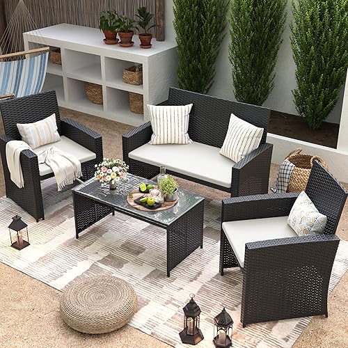 UDPATIO Wide Armrest Outdoor Patio Furniture Set,4 Pieces Rattan Sectional Sofa with Tempered Glass Coffee Table and Cushions for Family Gatherings,Balcony Yard Garden(Black/Cream)