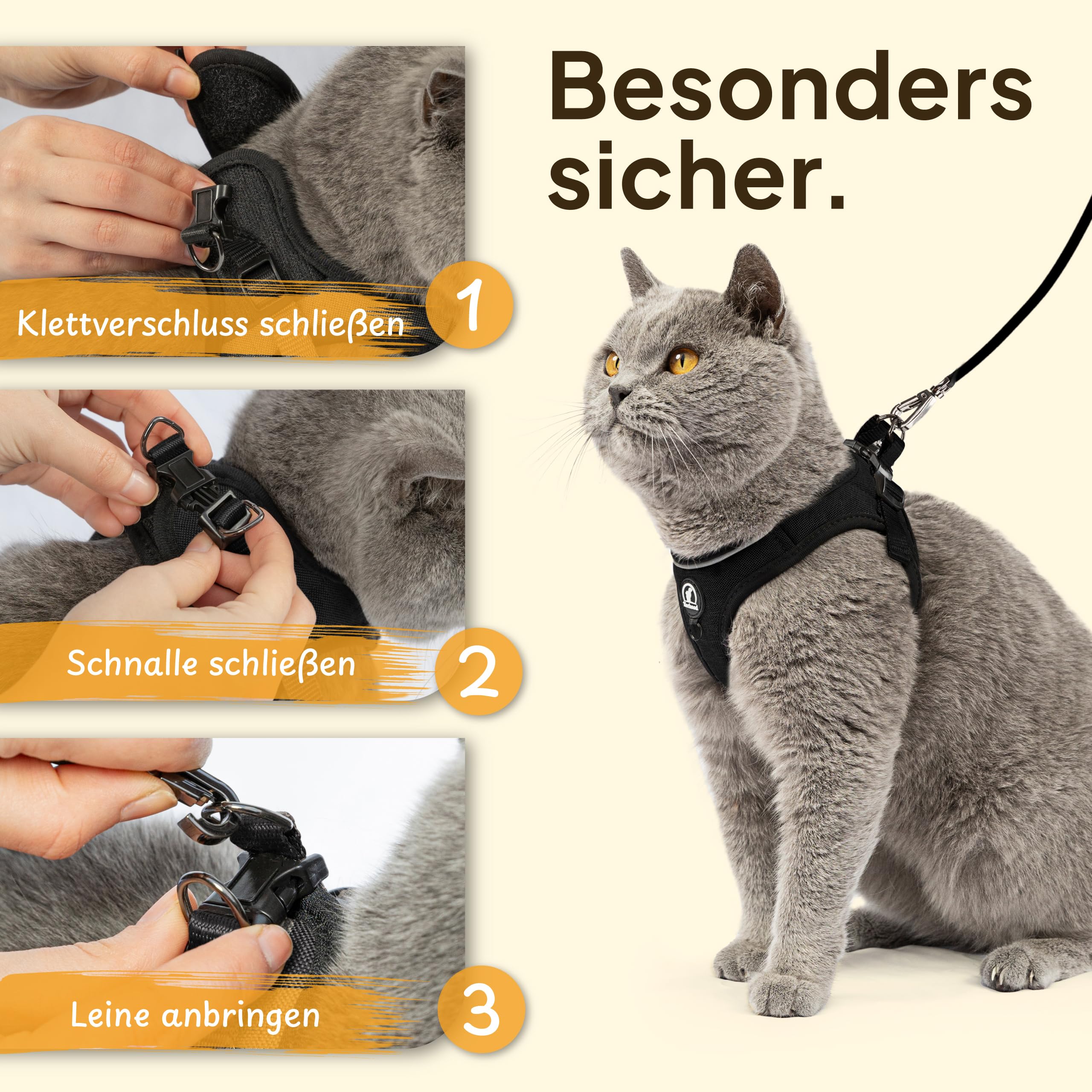 Katzengeschirr mit Leine für Kitten & kleine Katzen - verstellbares Softgeschirr, weich & robust - Katzengeschirr Kitten - Schwarz, Größe S