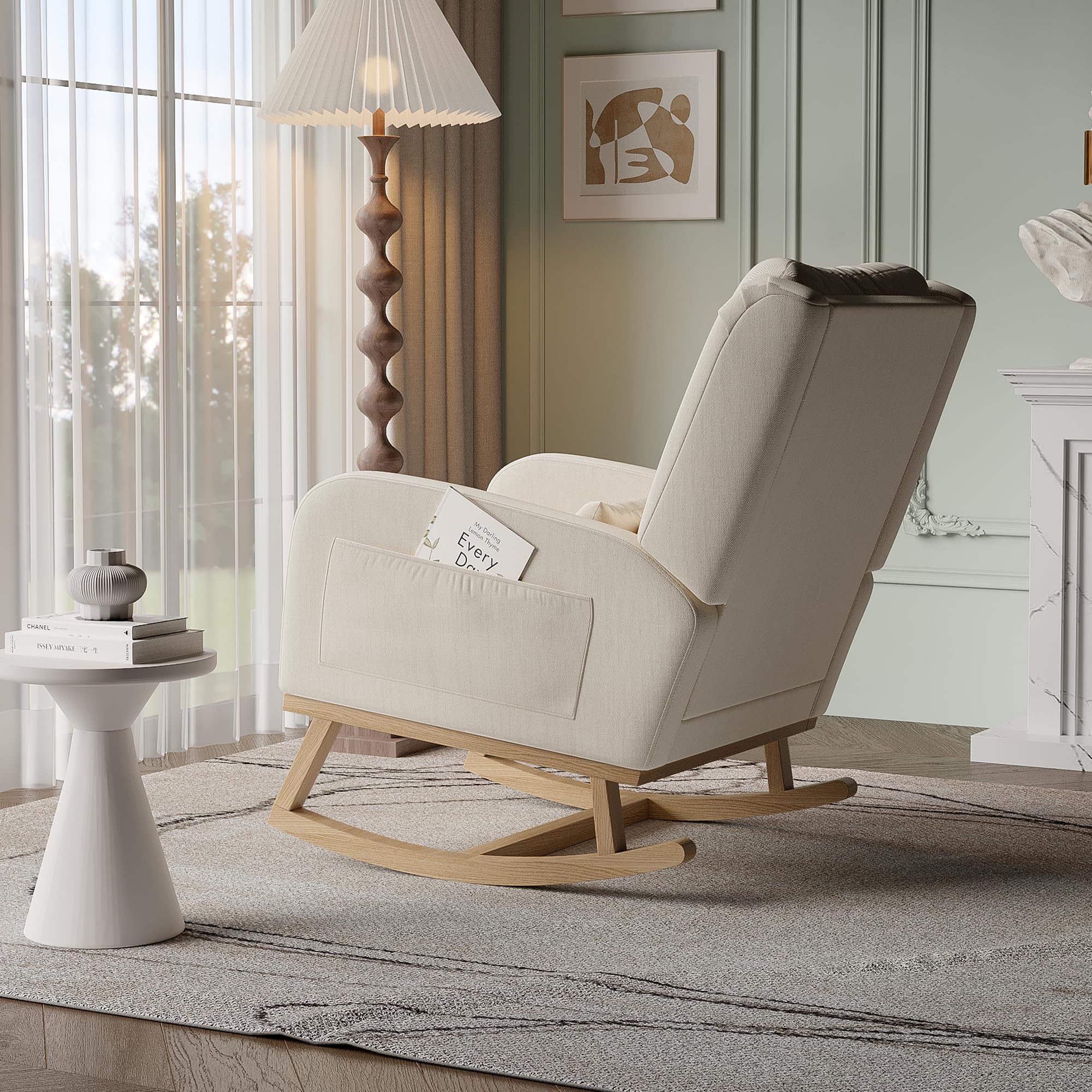 BRILVERDE Mecedora de lino, mecedora con base de madera, respaldo y bolsillos laterales, sillón relax para salón, color beige