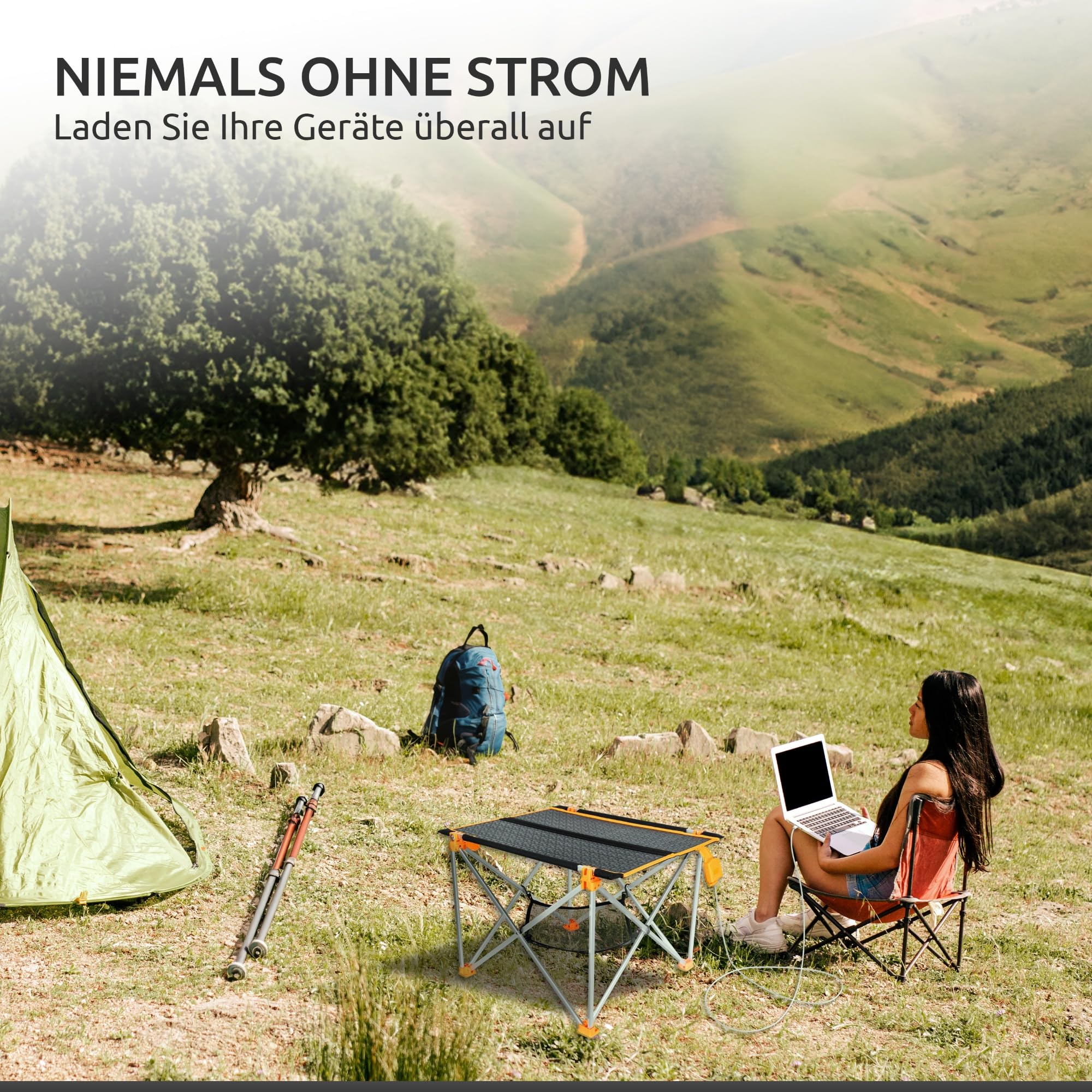 Solar Campingtisch faltbar klein leicht I 33W Solarpanel USB und Klapptisch I Outdoor Ausrüstung Ultraleicht I Solar Ladegerät für Handy I Camping Zubehör