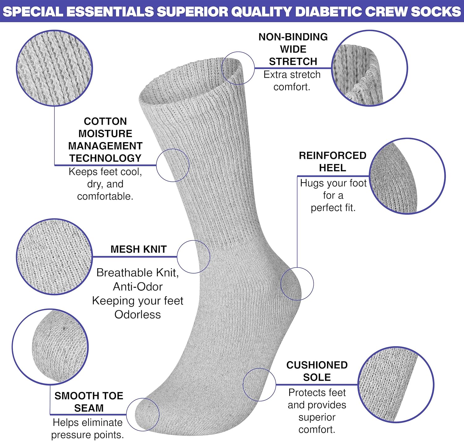 Special Essentials 12 Pairs Men's Cotton Diabetic Crew Socks White 10-13 : Health & Household