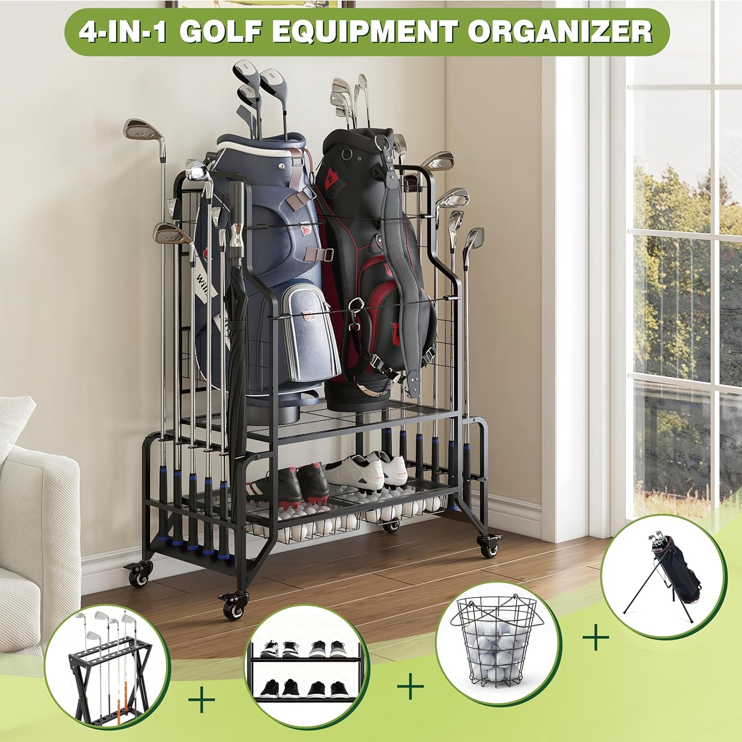 Golf Bag Storage Garage Organizer Golf Bag Stand Fits 2 Bags Extra Clubs Balls Shoes Golf Equipment Accessories Golf Storage Rack for Garage Club Shed