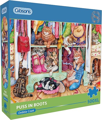 Gibsons Puss in Boots 500XL Jigsaw Puzzle for Adults – Extra‑Large Easy‑Handling Pieces – Cute Cats in Shoe Cupboard Artwork by Debbie Cook – Feline Lovers Gift – Premium Sustainable UK/EU Made