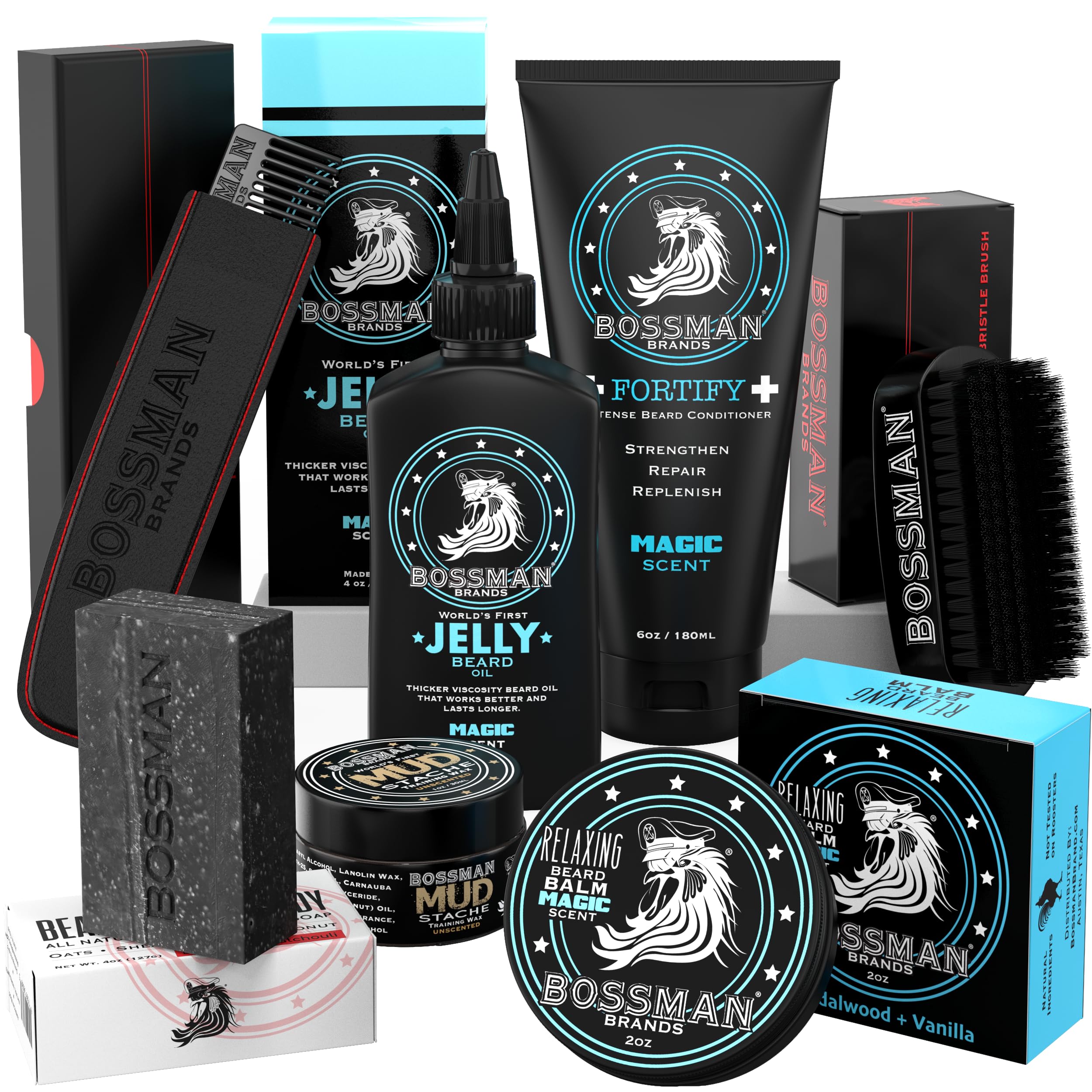 Bossman Big Boss Beard Care Kit for Men - 7 Piece Beard Grooming Kit with Jelly Beard Oil, Beard Conditioner, Beard Balm, MUDstache Wax, Bar Soap, Metal Comb, Brush - Gift Set for Men (Magic)