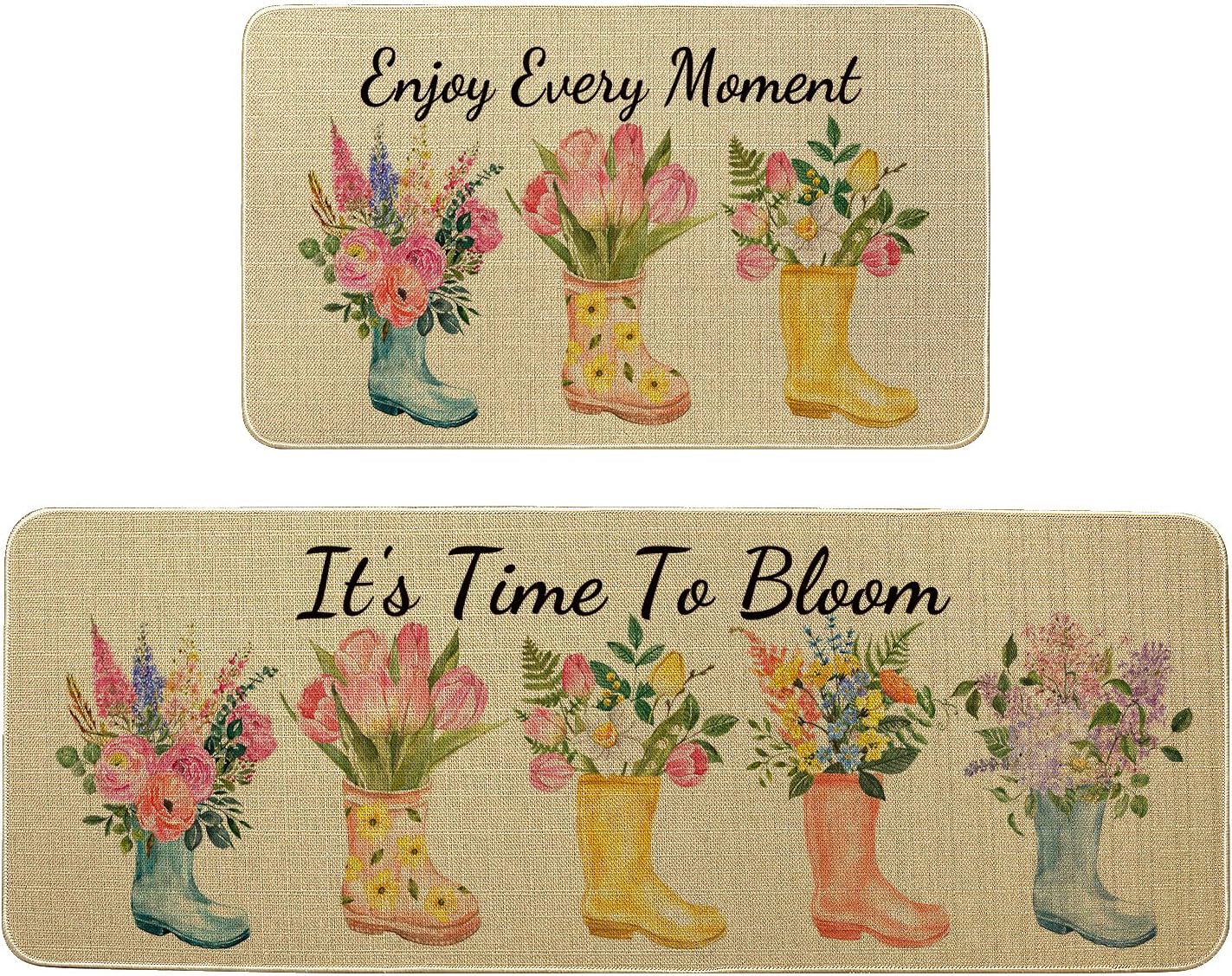 Spring Kitchen Mats For Floor 2 Piece, Spring Watercolor Floral Kitchen
