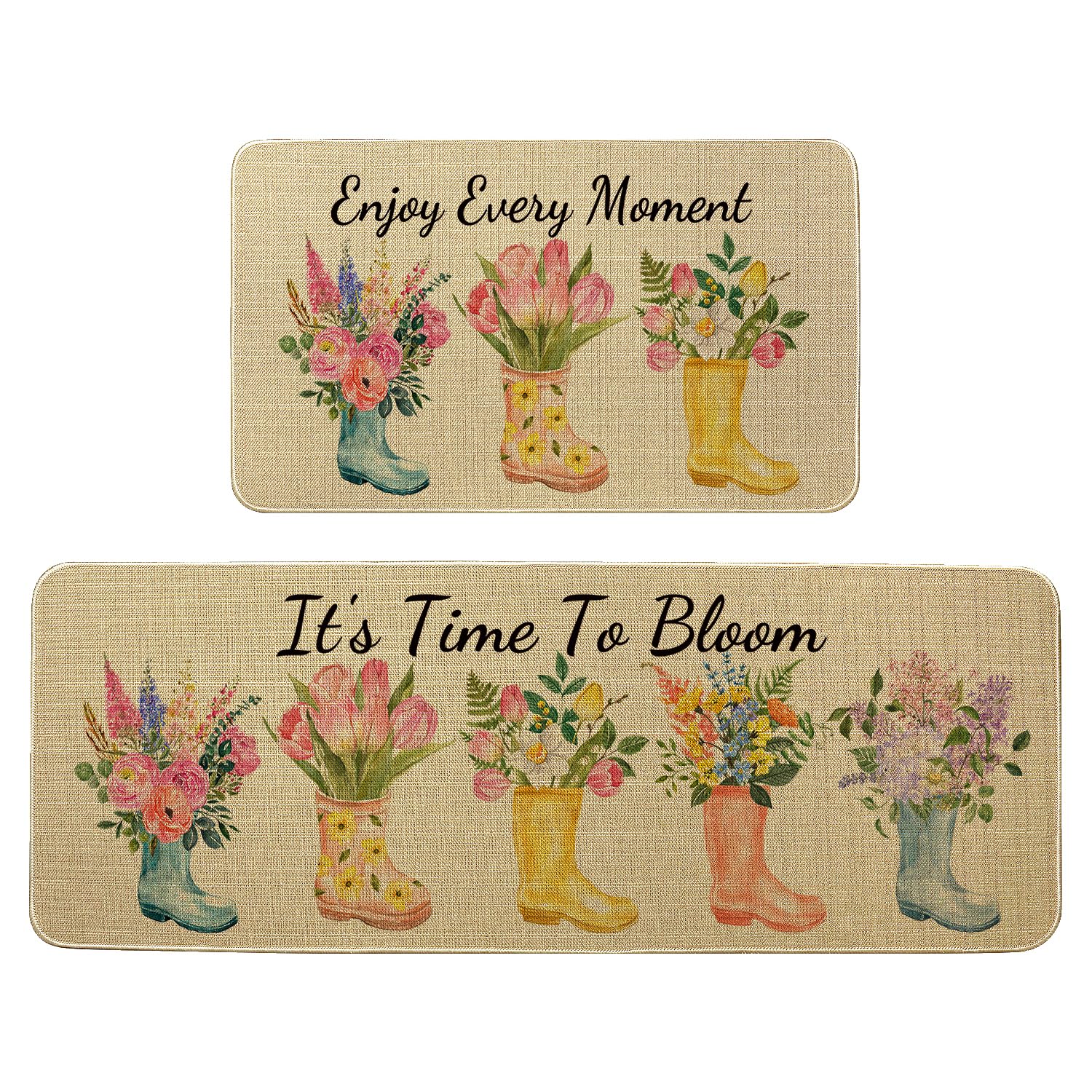 wyoansfhd Floral Spring Kitchen Rug Set 2 Piece Non-Slip Colorful Rain Boots Kitchen Rugs and Mats, Home Decor Low Profile Kitchen Rugs for Floors 17"
