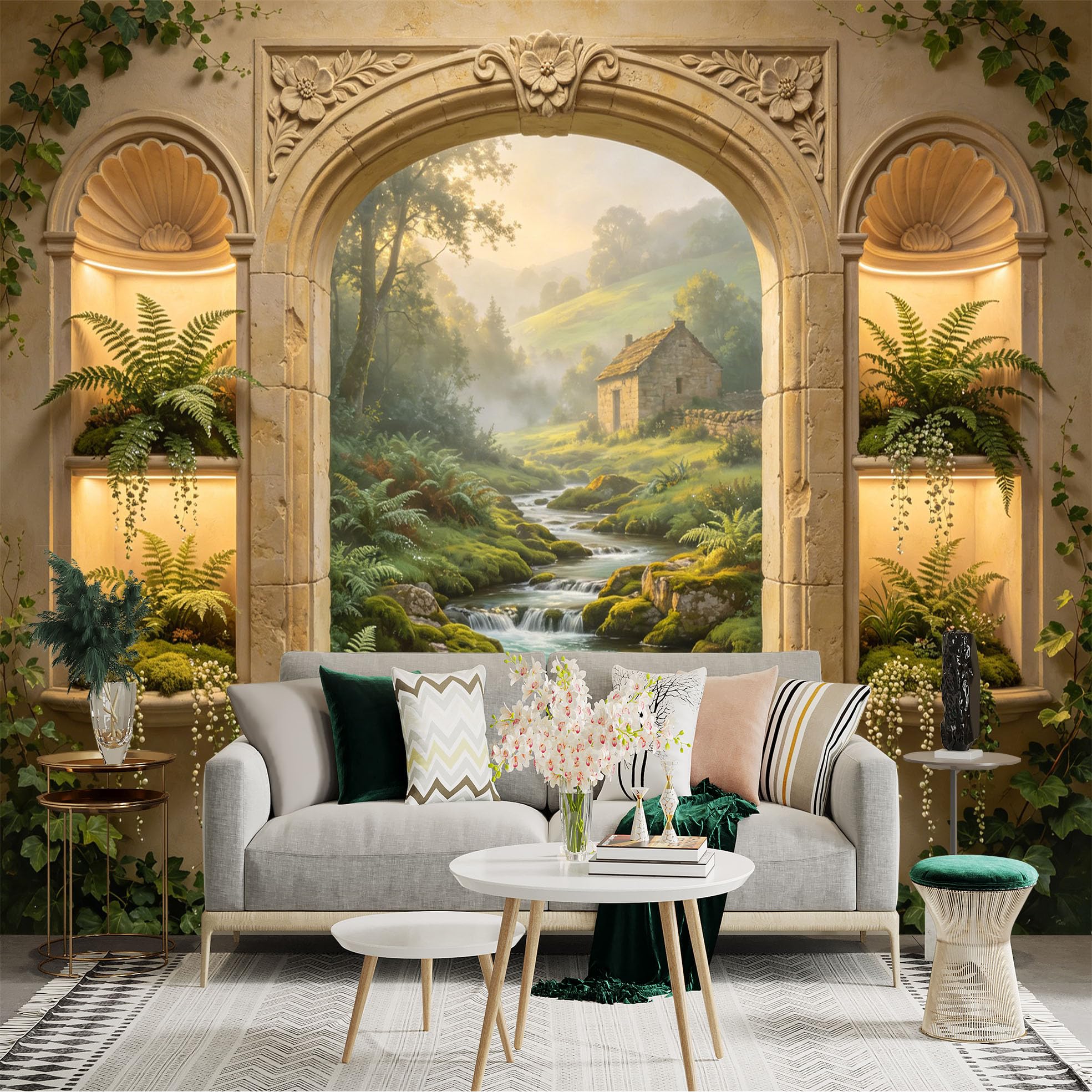 Custom Size Wall Sticker Mural， Rustic Stone Window with Ferns， Cottage and Stream Landscape， for wall Decoration， peelandstick wall Decals.