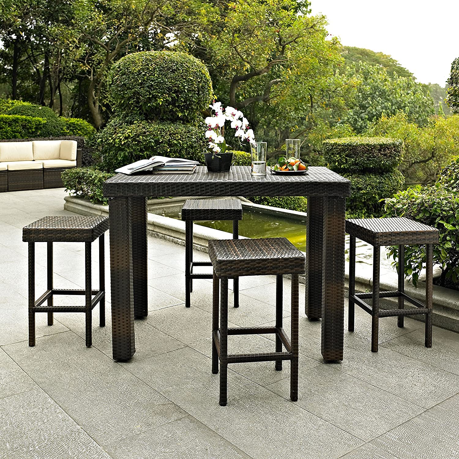 DEVOKO Outdoor 5-Piece Patio Bar Table Set with 4 Stools, All-Weather Wicker, Ideal for Backyard, Garden, Poolside, Terrace,Lawn (Dark Brown)