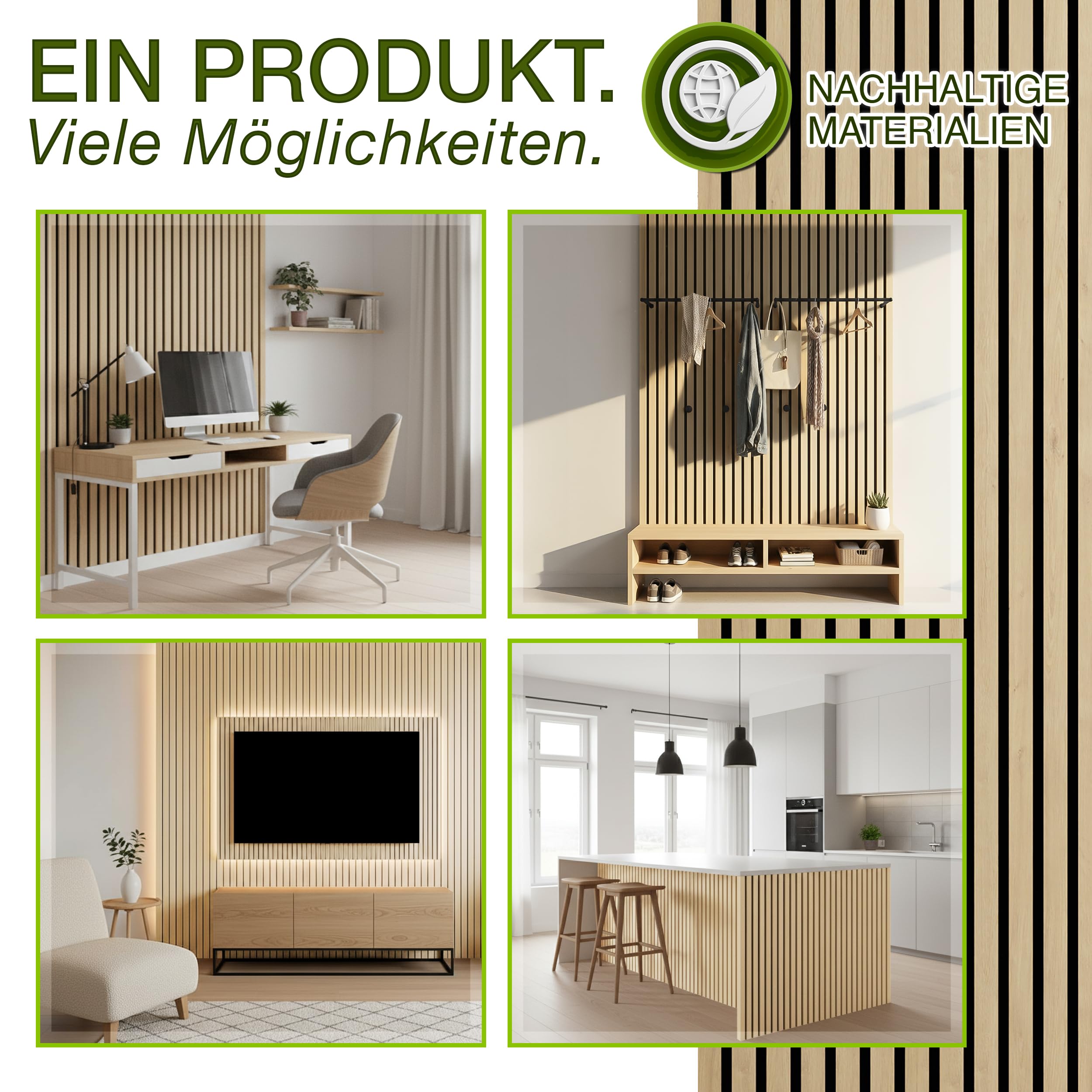 TRESKO® Akustikpaneele Holz 120×60x2,1 cm inkl. Kleiderhaken | Wandverkleidung als 3D Lamellenwand | Holzpaneele Paneele für Schallschutz | Akustik Wandpaneele (4 Stück/Eiche Hell)
