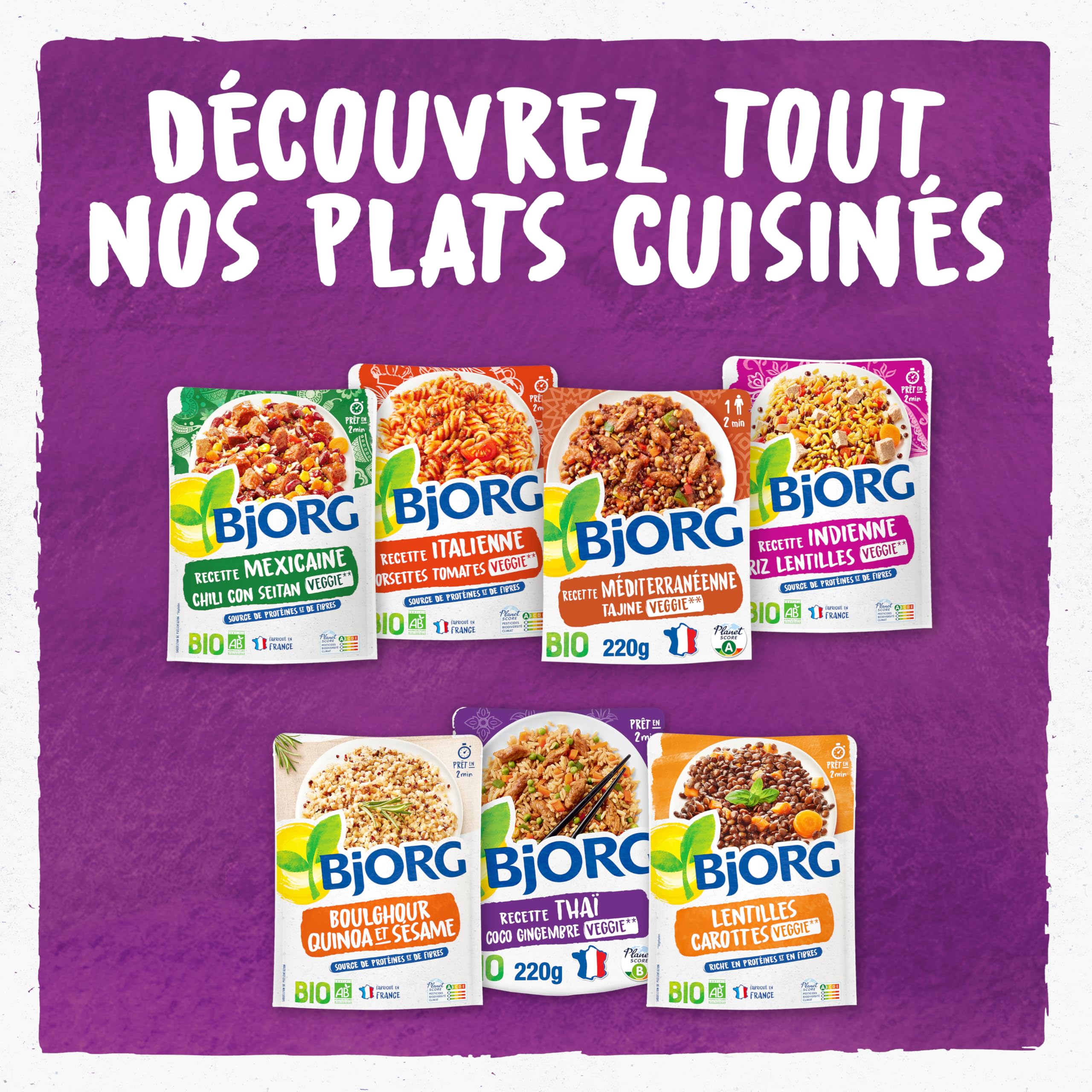 BJORG - Plat Cuisiné Veggie - Thaï Riz Coco Gingembre Veggie - Bio - 220 g | Plat préparé Végétarien - 100% Végétal - Prêt en 2 min - Source de Protéines - Doypack Micro-ondable