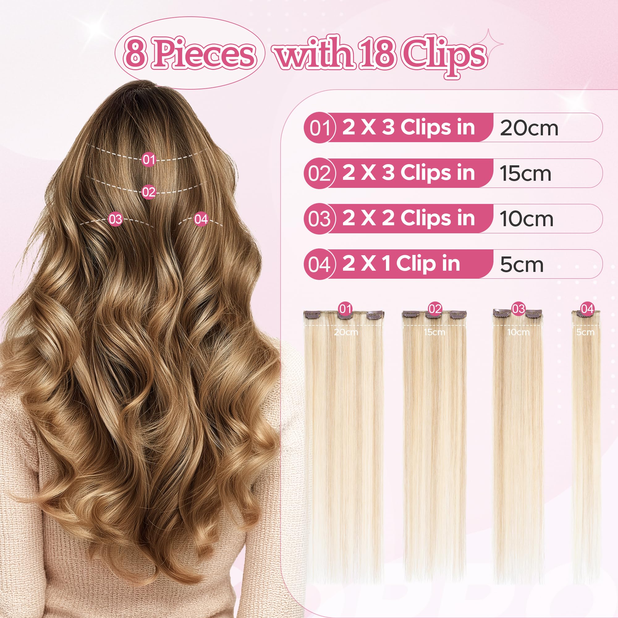 Przedłużenia z naturalnych włosów z klipsem, 8 szt., 35 cm, #18/613 Popielaty blond i rozjaśniony blond i rozjaśniony blond