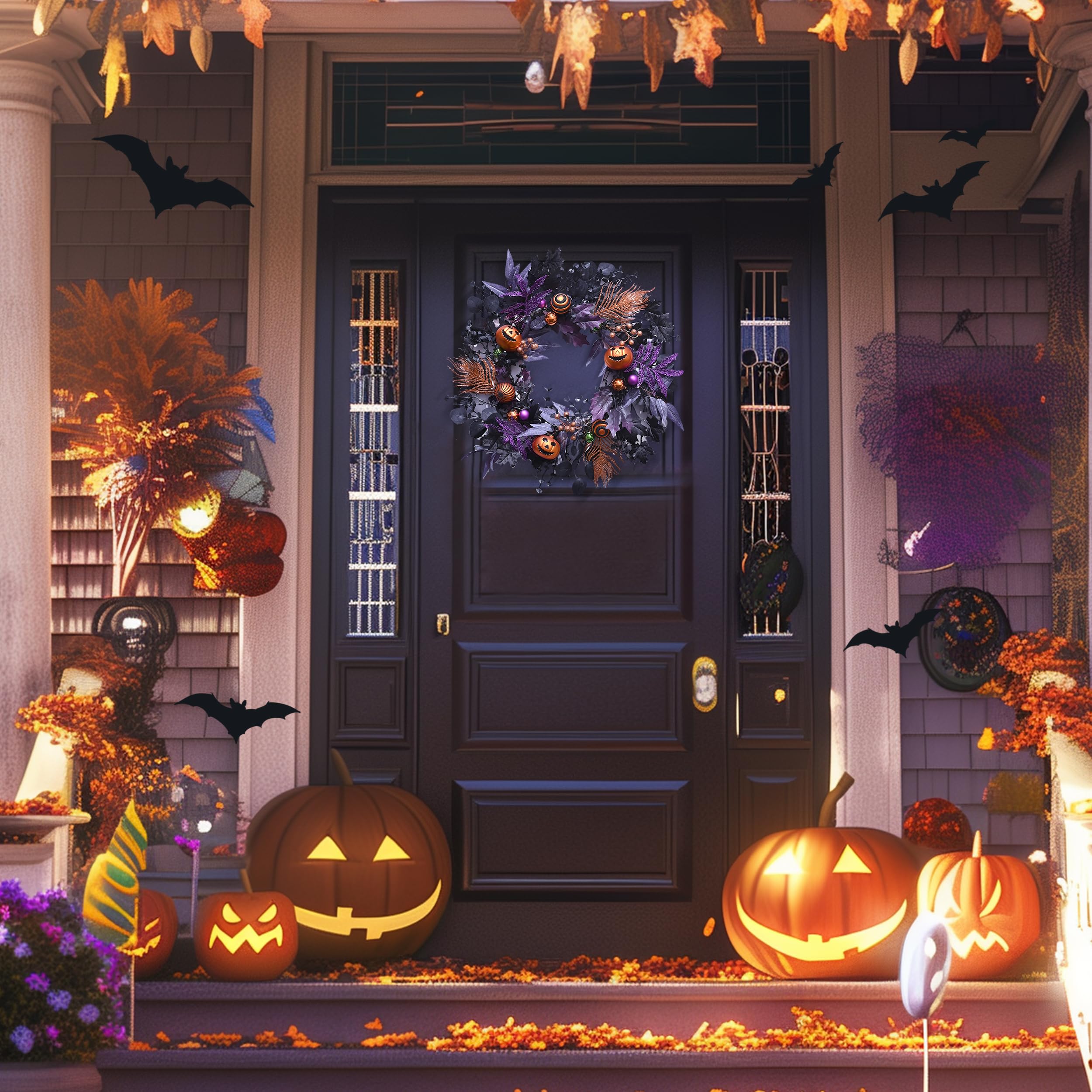 Valery Madelyn Couronne d'Halloween pour porte d'entrée avec lumières, 61 cm - Couronne de citrouille pré-éclairée - Décoration d'Halloween pour centre de table, fenêtre, fête intérieure, vacances,