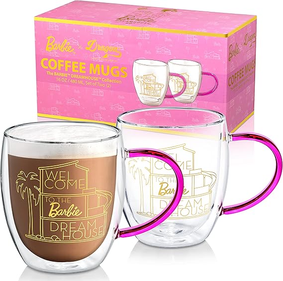 Dragon Glassware x Barbie Double Walled Glass Coffee Mugs 16 oz, Set