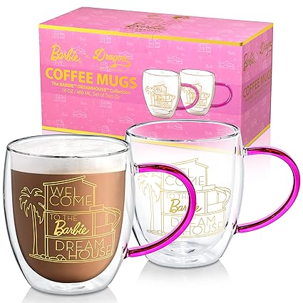 Dragon Glassware x Barbie Double Walled Glass Coffee Mugs - 16 oz, Set of 2 Glass Coffee Cups to Keep Beverages Hot or Cold Longer - Barbie Dreamhouse Collection - Clear Coffee Mug with Pink Handle