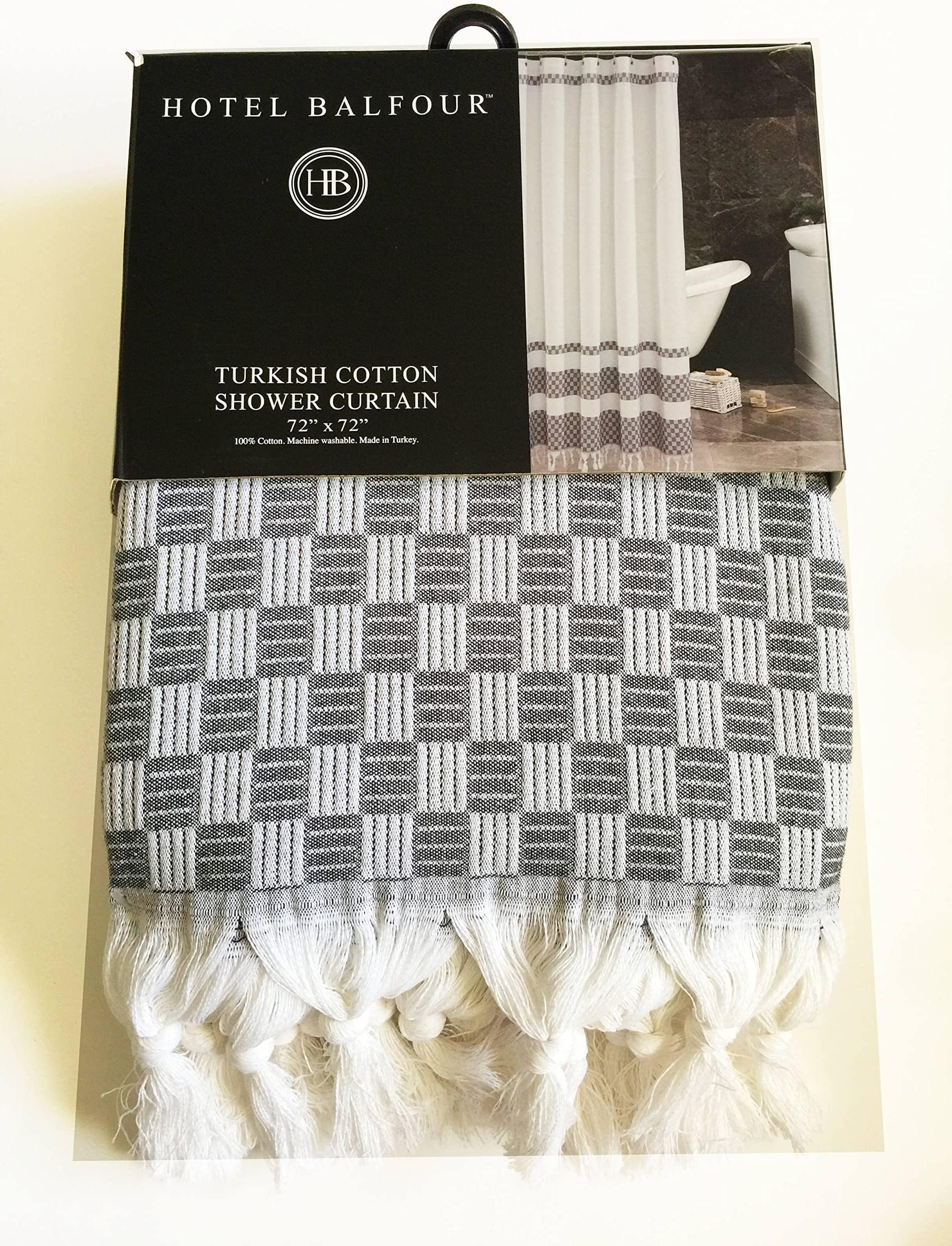 Premium Quality Fabric Shower Curtain Luxury Turkey Modern Home Bathroom Decor Bathtub Privacy Screen Fringe at Bottom 100% Cotton 72" x 72" (Checkered White & Gray)