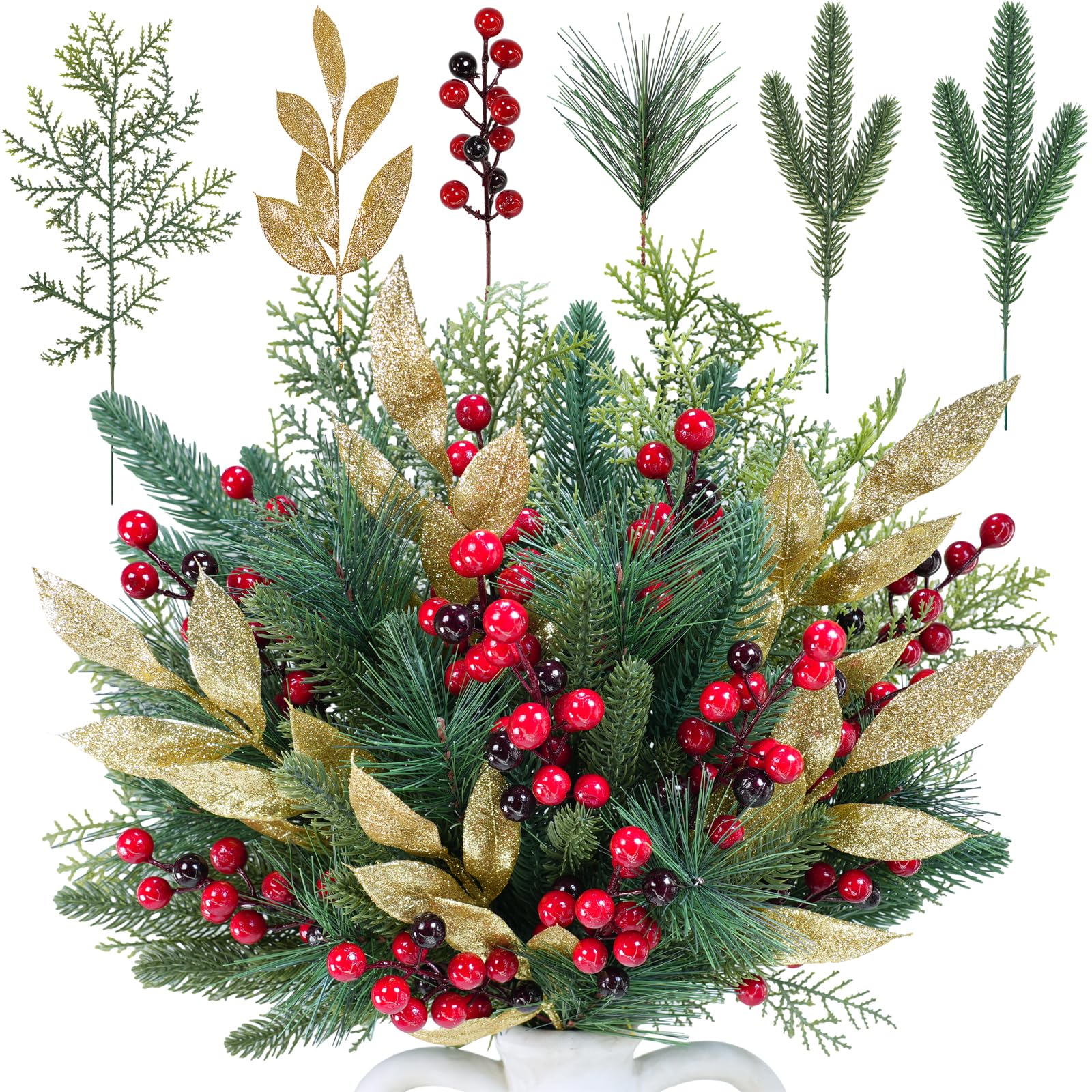 Verdure de Noël artificielle Winlyn : 70 tiges de sapin, cèdre et baies rouges pour compositions