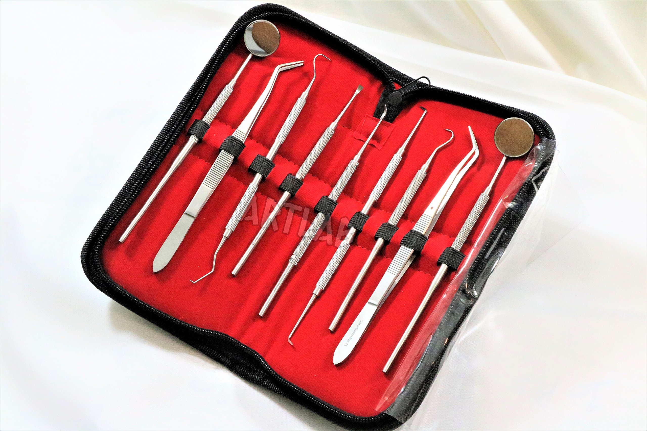 German Dental Scaler Pick Set of 9PCS Dental Hygiene- Dental Mirror, Pliers, Scraper, Probe, ETC (CYNAMED)