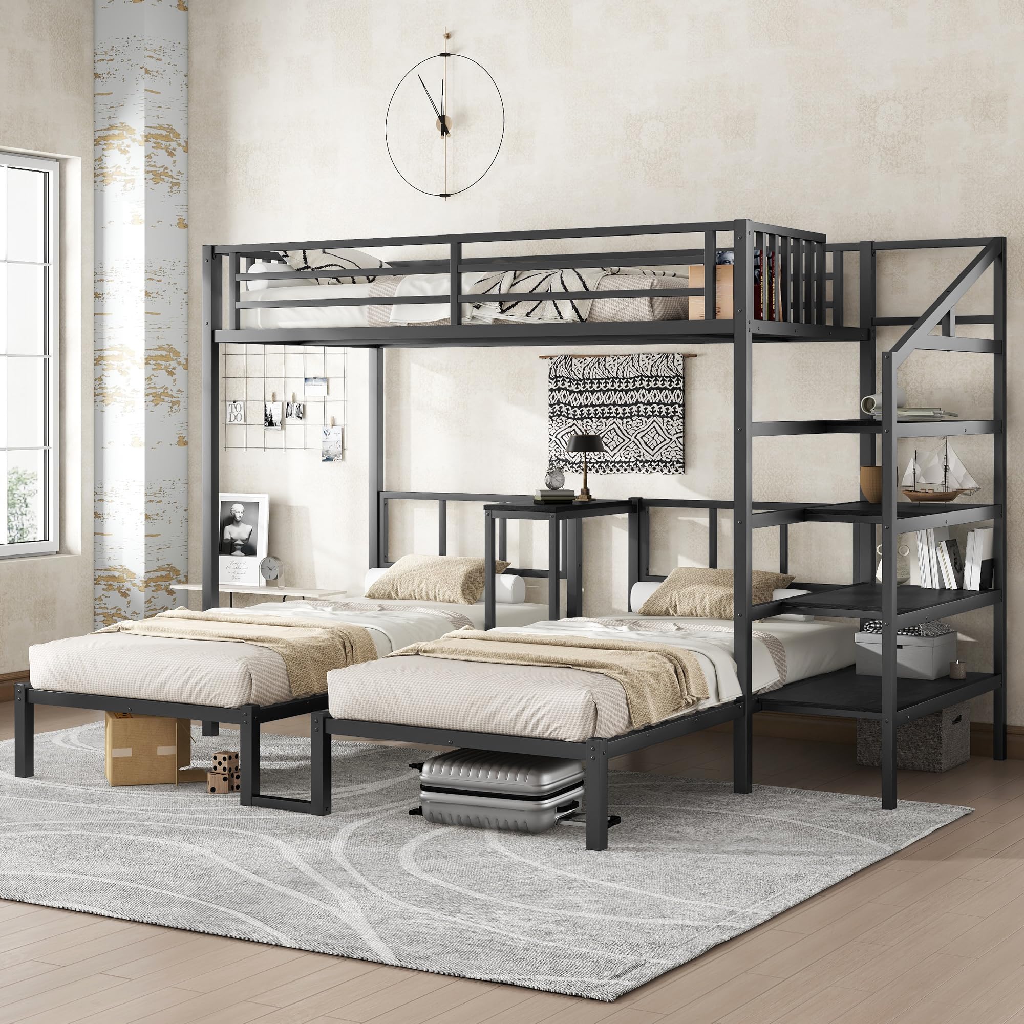 Twin Over Twin Over Twin Bunk Bed for 3 Kids, Heavy Duty Triple Bunk Beds with Storage Stairs, Desk and Guardrails, Noise Free Design Triple Bed Frame, Black