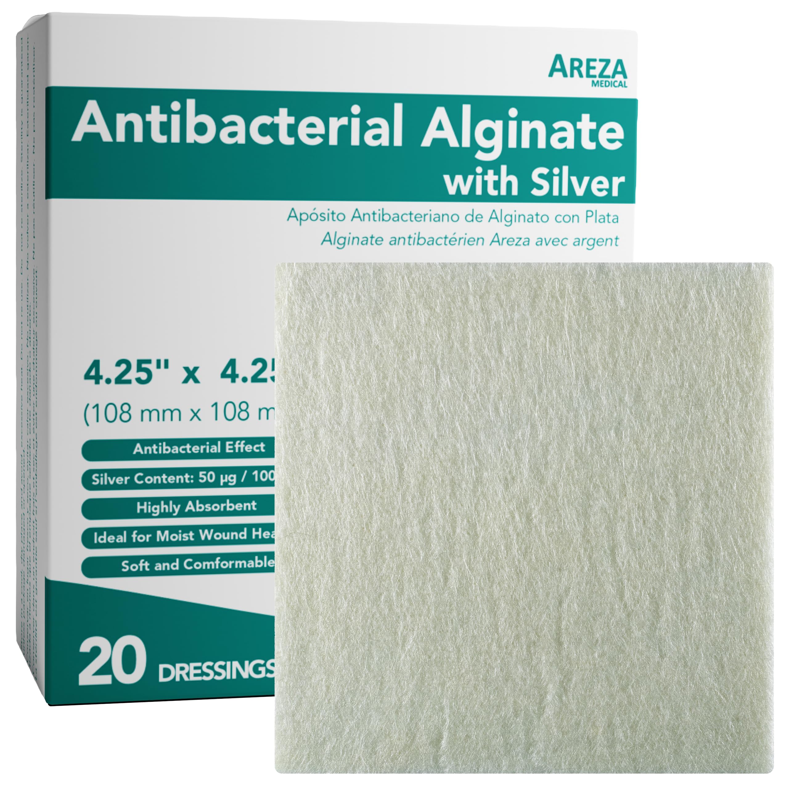 Areza Silver Calcium Alginate Antibacterial Wound Dressing Pads – Sterile, Non-Stick, Highly Absorbent; for Wound Drainage & Infection Risk (4.25″×4.25″, 5-Pack per Box), 1 Box — Amazon image 8
