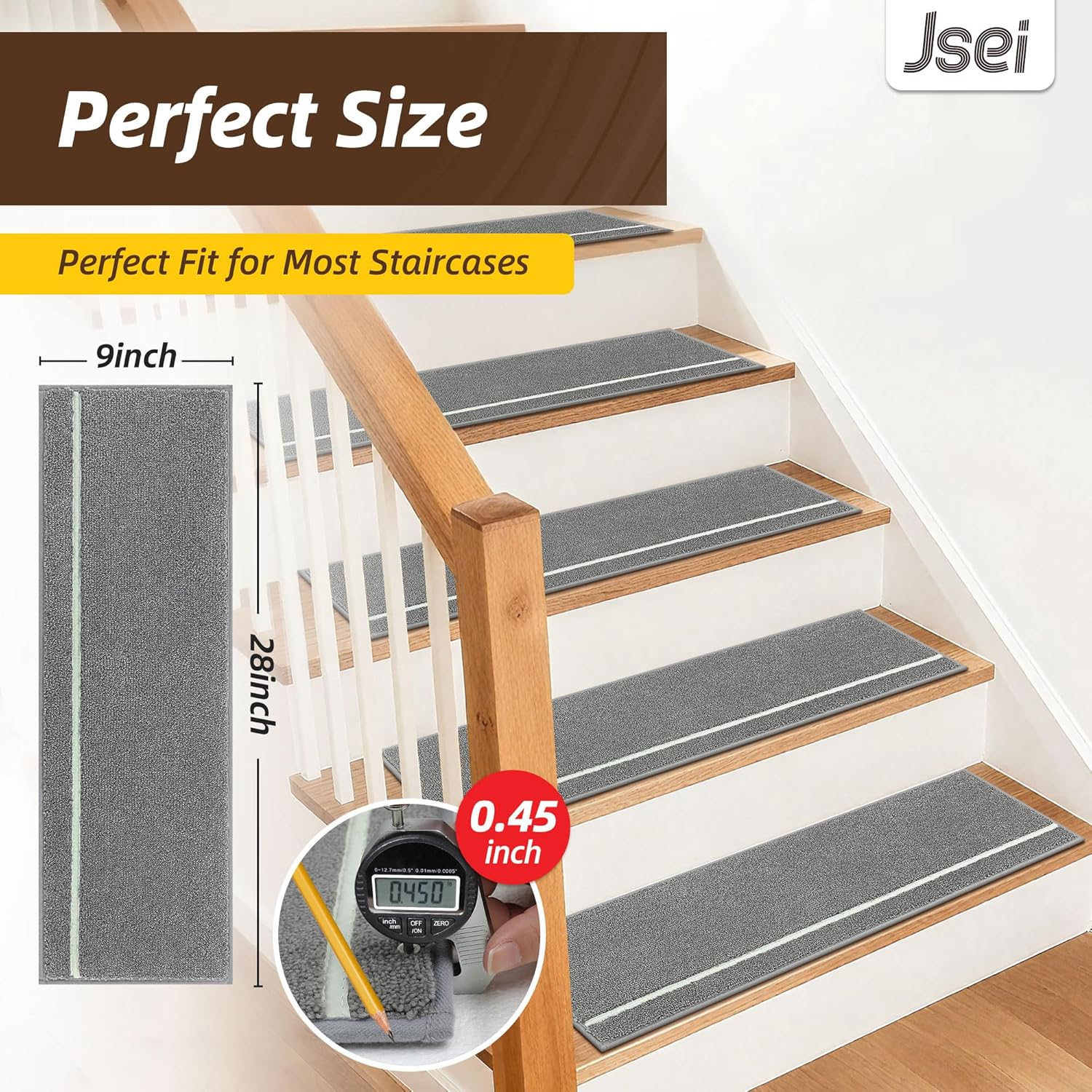 JSEI Stair Treads for Wooden Steps Indoor with Glow in The Dark Stripe, 15 Pack 9" X 28" Non-Slip Washable Carpet Stair Mats with TPE Backing, Polyester Stair Rugs for Kids Elders & Pets, Light Grey