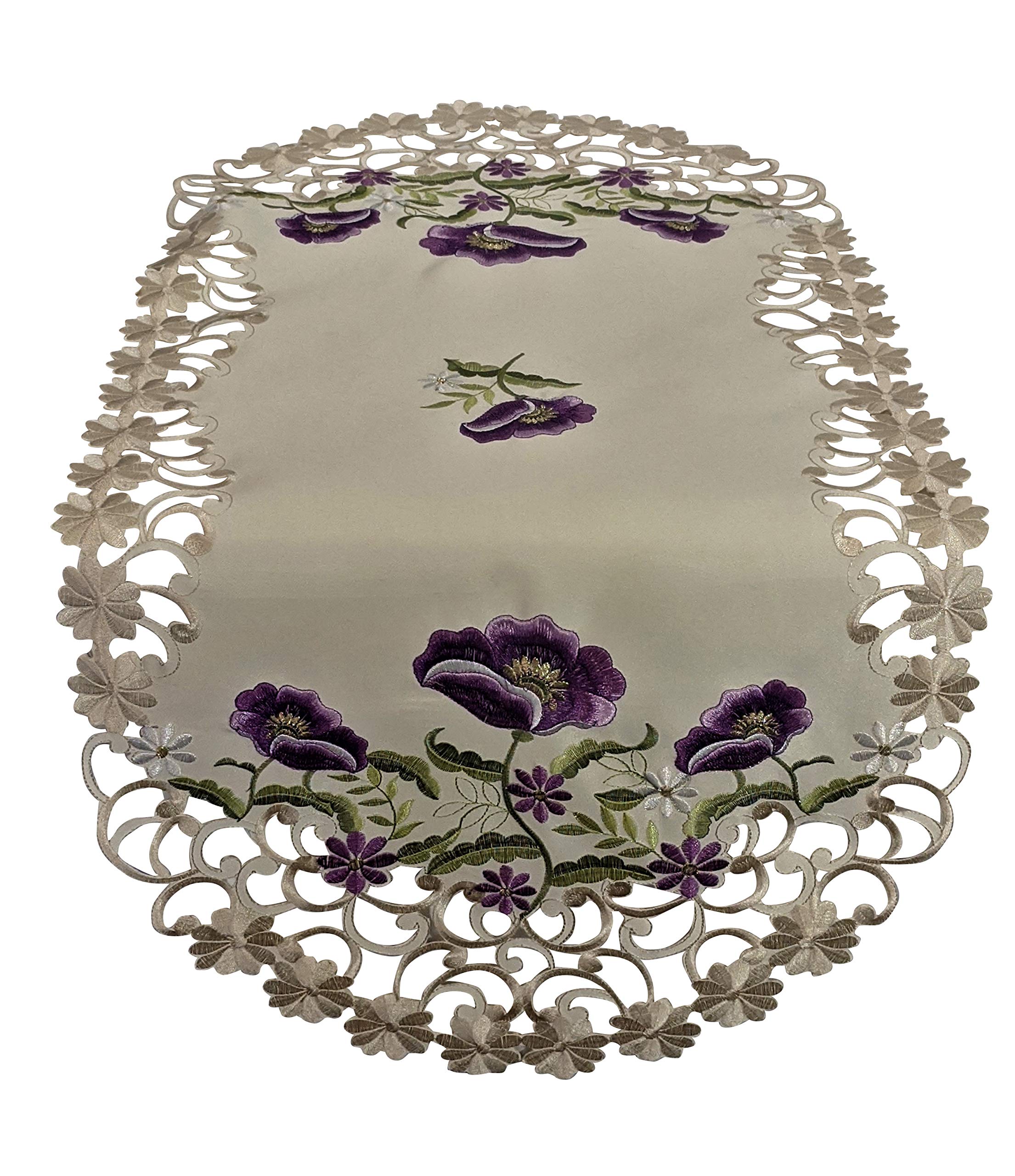 Doily Boutique Table Runner with Purple Poppy Flowers on Ivory Material Size 34 x 15 inches