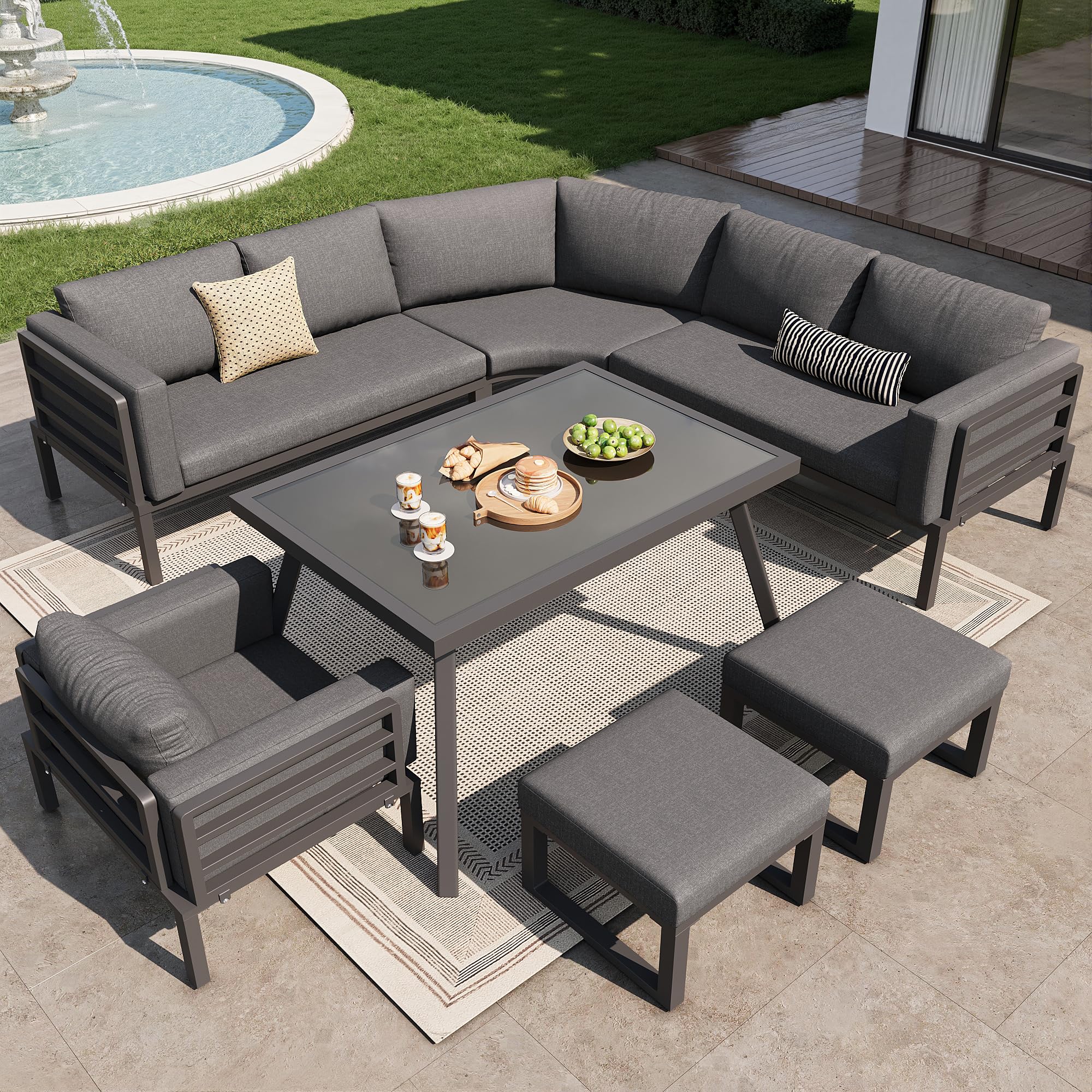 Mrwoo Halbmond Sofaset für 8 Personen mit Glastisch, 1 Sessel & 2 Hocker, Wetterfeste Gartenmöbel aus Eisengestell mit grauen Polstern für Terrasse & Balkon (Grau)