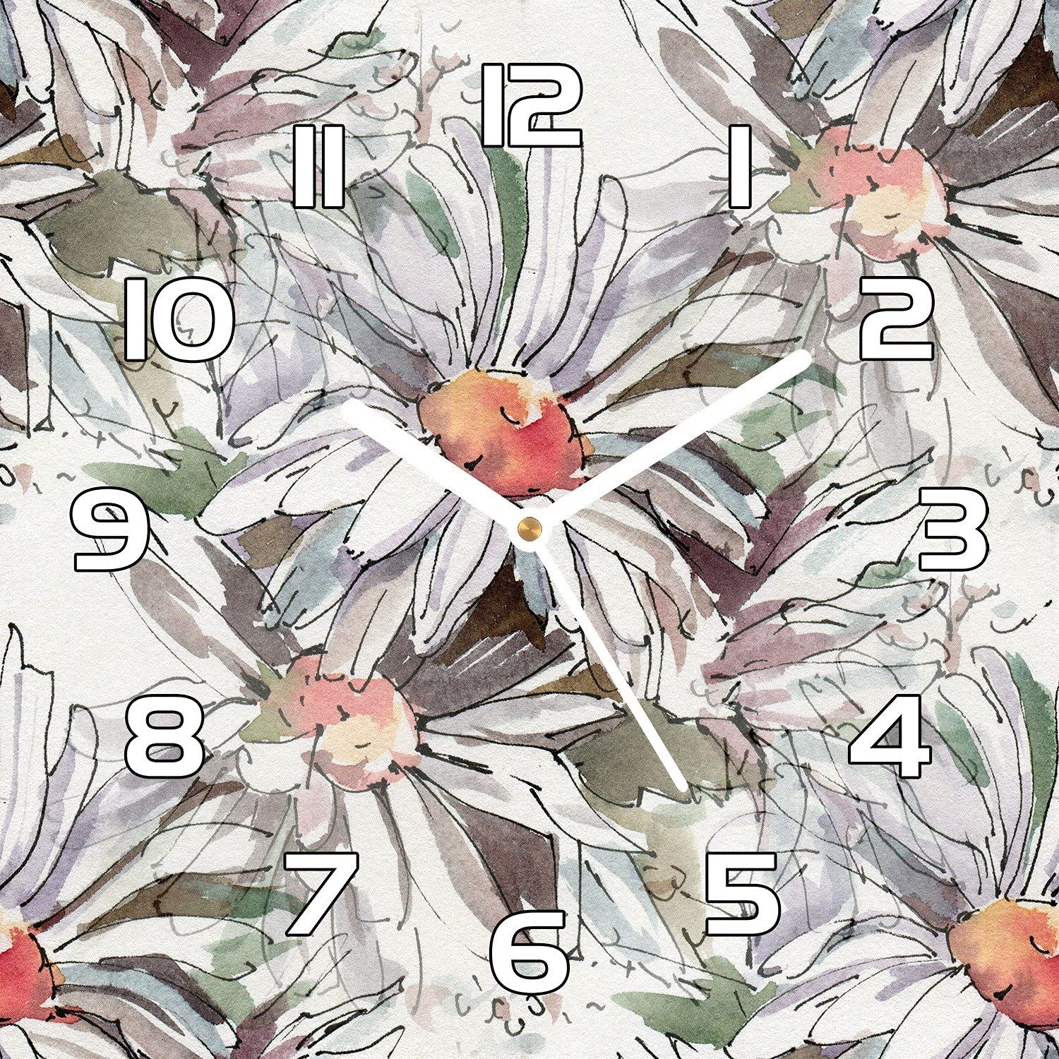 Horloge cuisine moderne fleurs de camomille 30x30 en verre pour mur de salon