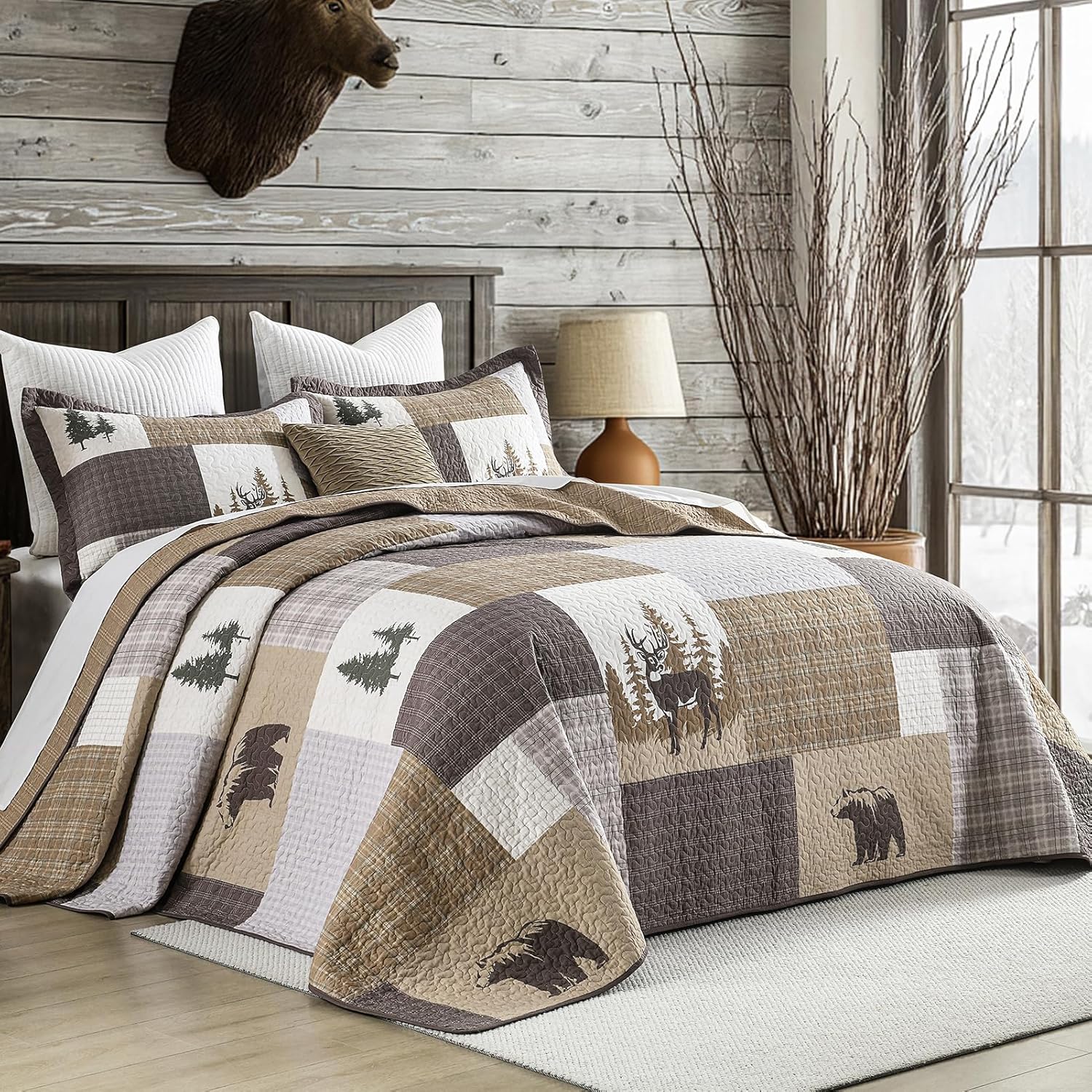 Oversized Queen Bedspreads 120x102, 100% Cotton Extra Large Quilt, Cabin Forest Tree Bear Deer Pattern, Lightweight Plaid Quilted Coverlet Bedding Set, 3 Pcs, All Season