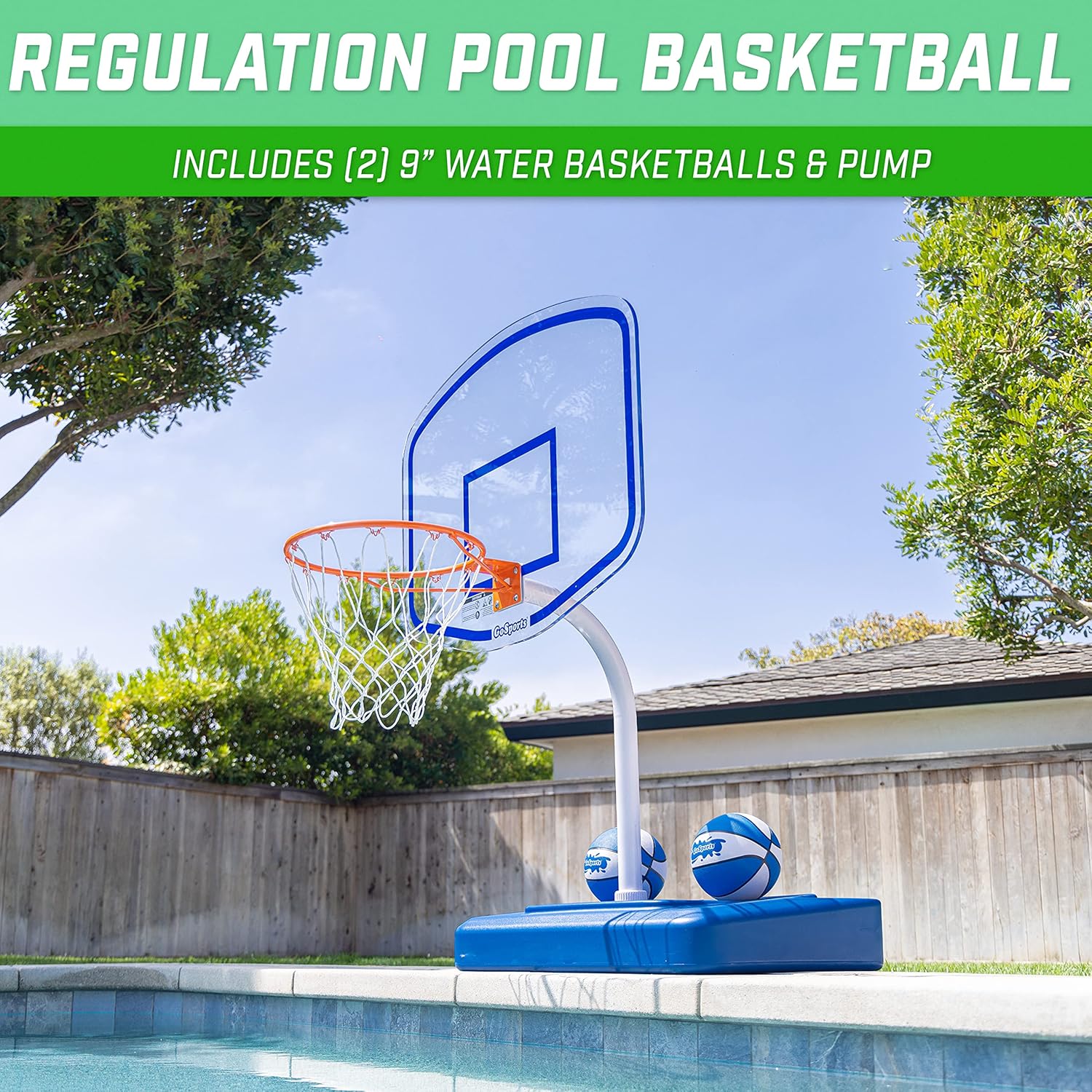 GoSports Splash Hoop Elite - Adjustable Height or Fixed Post - Pool Hoop Basketball Game with Water Weighted Base, Regulation Steel Rim and 2 Pool Basketballs