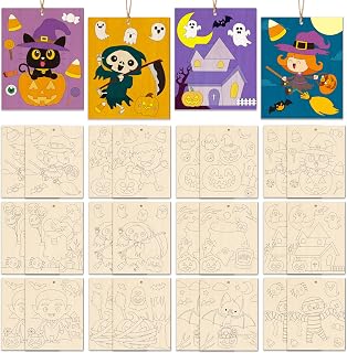 CJiangpo 24 Pack Halloween Wood Crafts to Paint for Kids Adults, Large Unfinished Pumpkin Ghost Wood Cutouts for Craft Painting, Halloween Coloring Ornament DIY Activities Party Supplies Hanging Decor