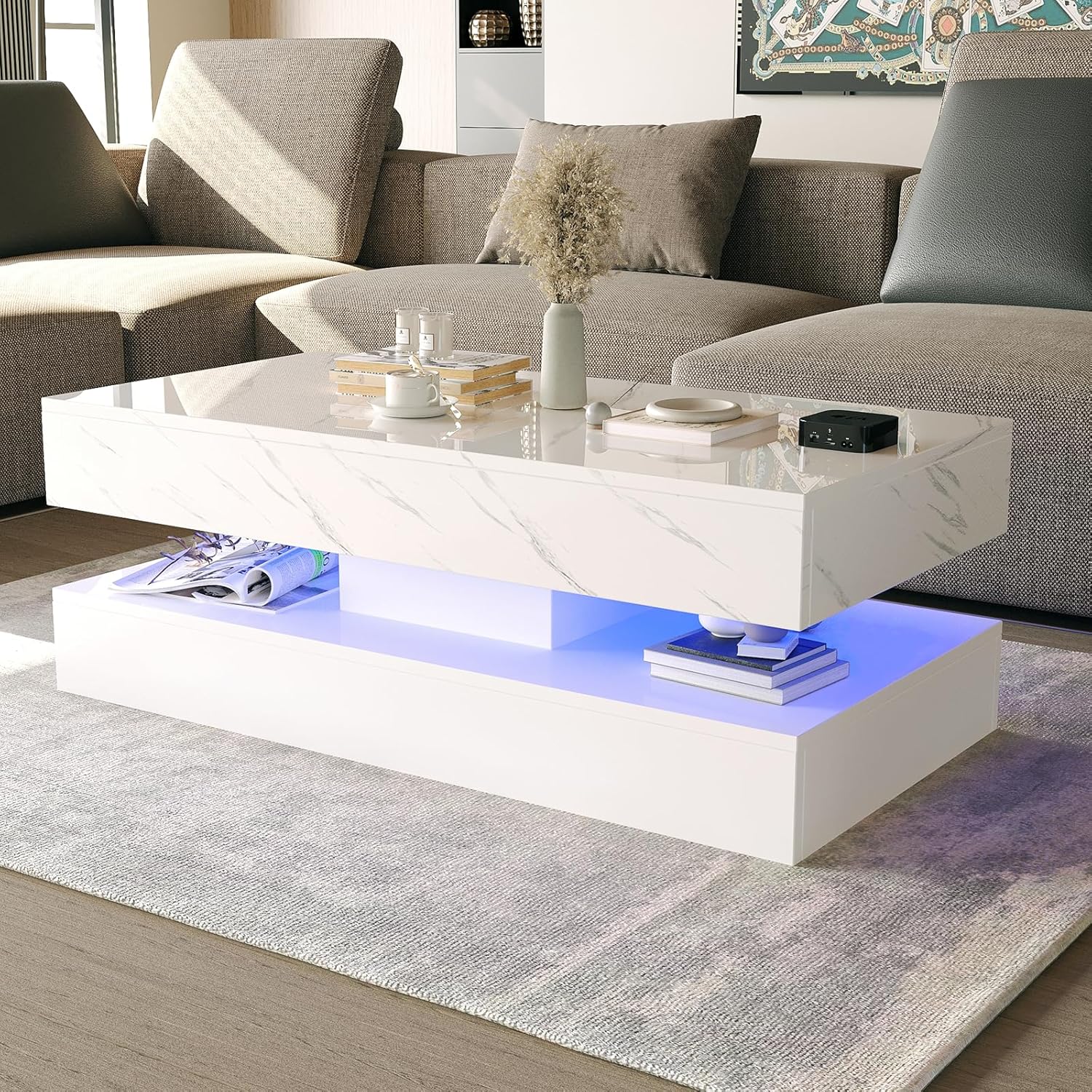 LED Coffee Table with 2 Storage Drawers, Modern High Gloss White Coffee Table w/20 Colors LED Lights, 2 Tiers Rectangle Center Table for Living Room with Marbling Print, APP Control, White