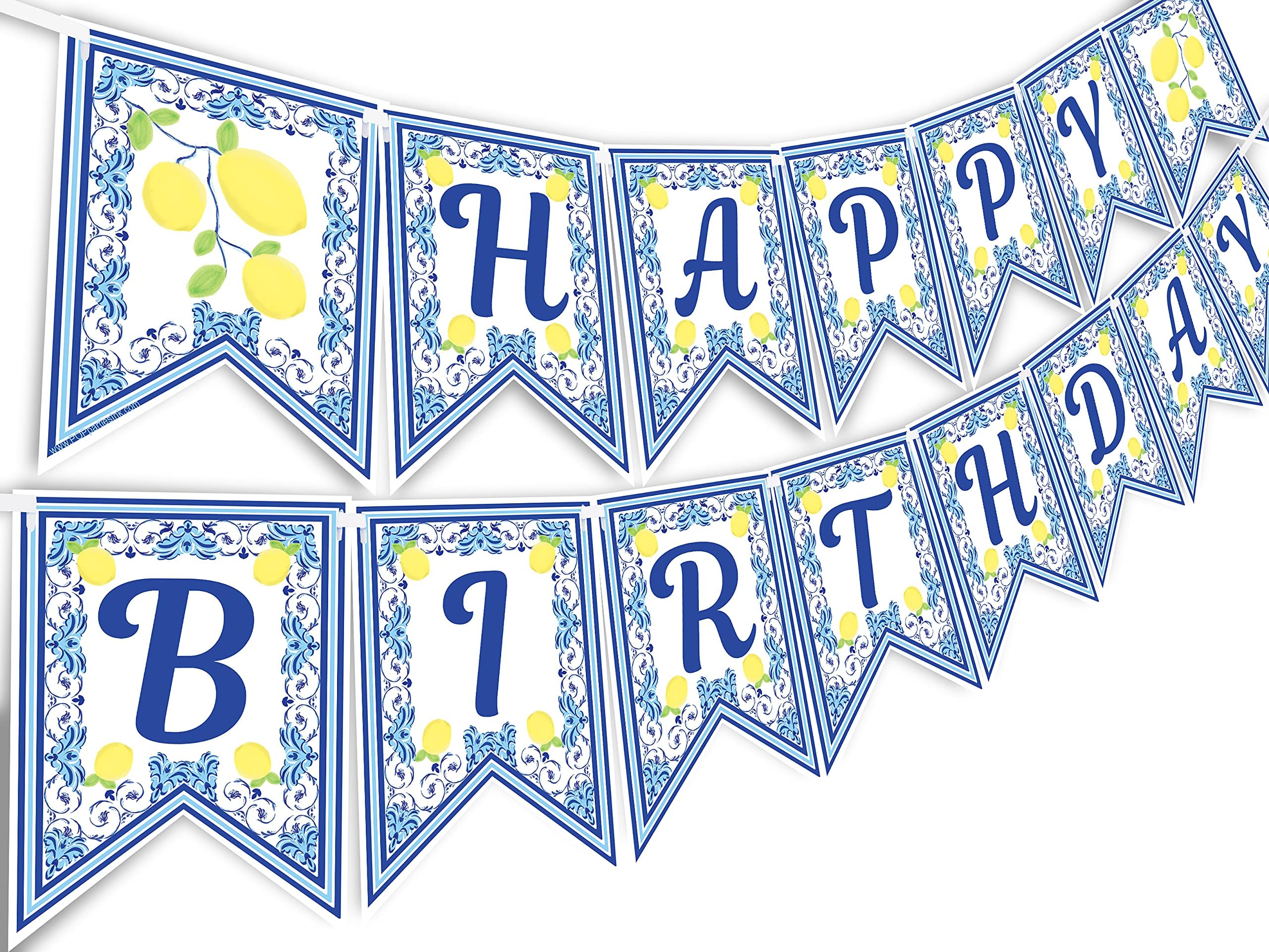 Capri Lemon Happy Birthday Banner - 40th 50th 60th Birthday Party Supplies - Lemon Birthday Party Decorations - Lemon Birthday Party Supplies- Blue Tile Party Decorations - Banner