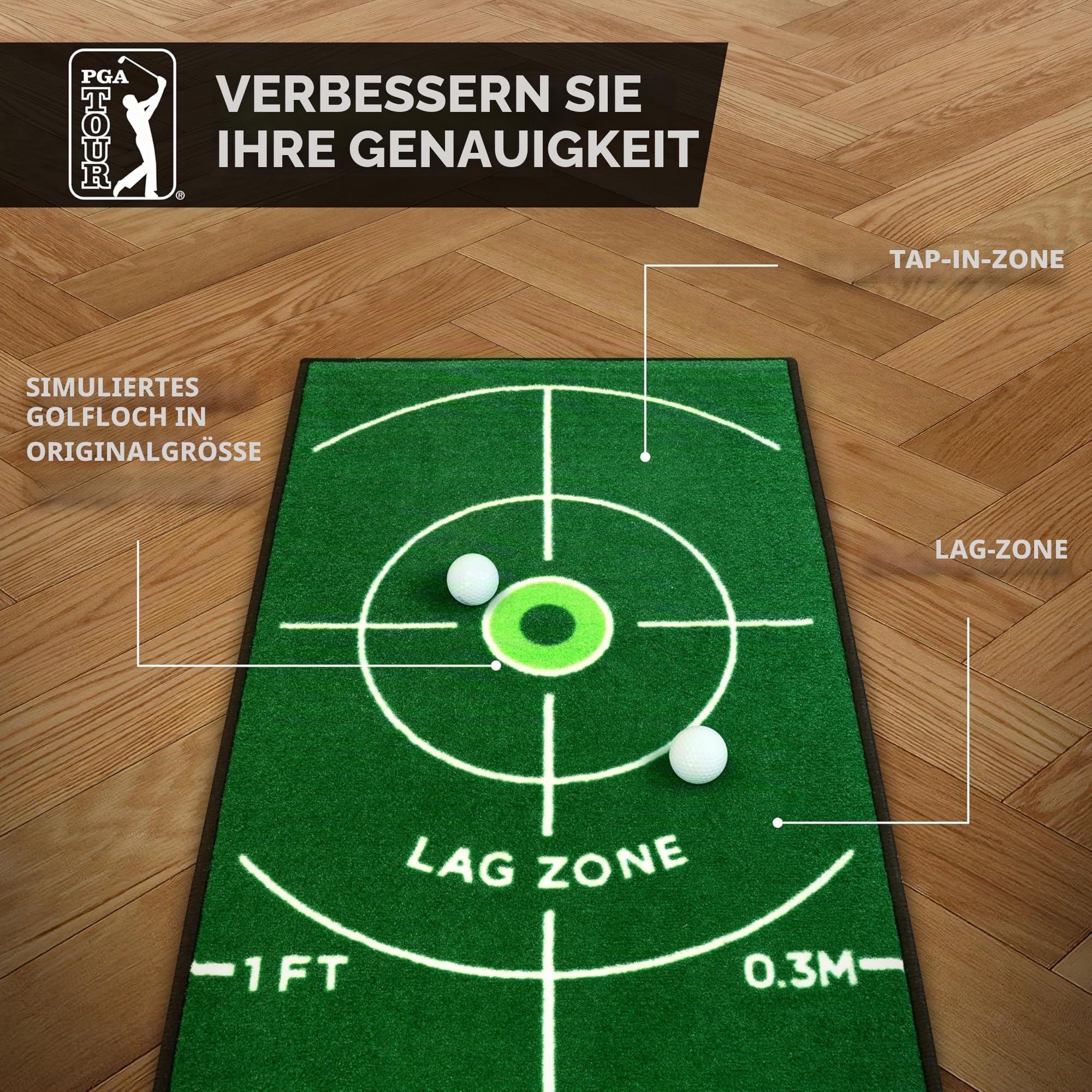PGA Tour 8ft Deluxe Golf Putting Matte Indoor Golf Matte Mit Trainingsanleitung 6ft Putting-Bereich, Grün, Tragbare Tragetasche Inbegriffen Puttingmatte Golf Indoor