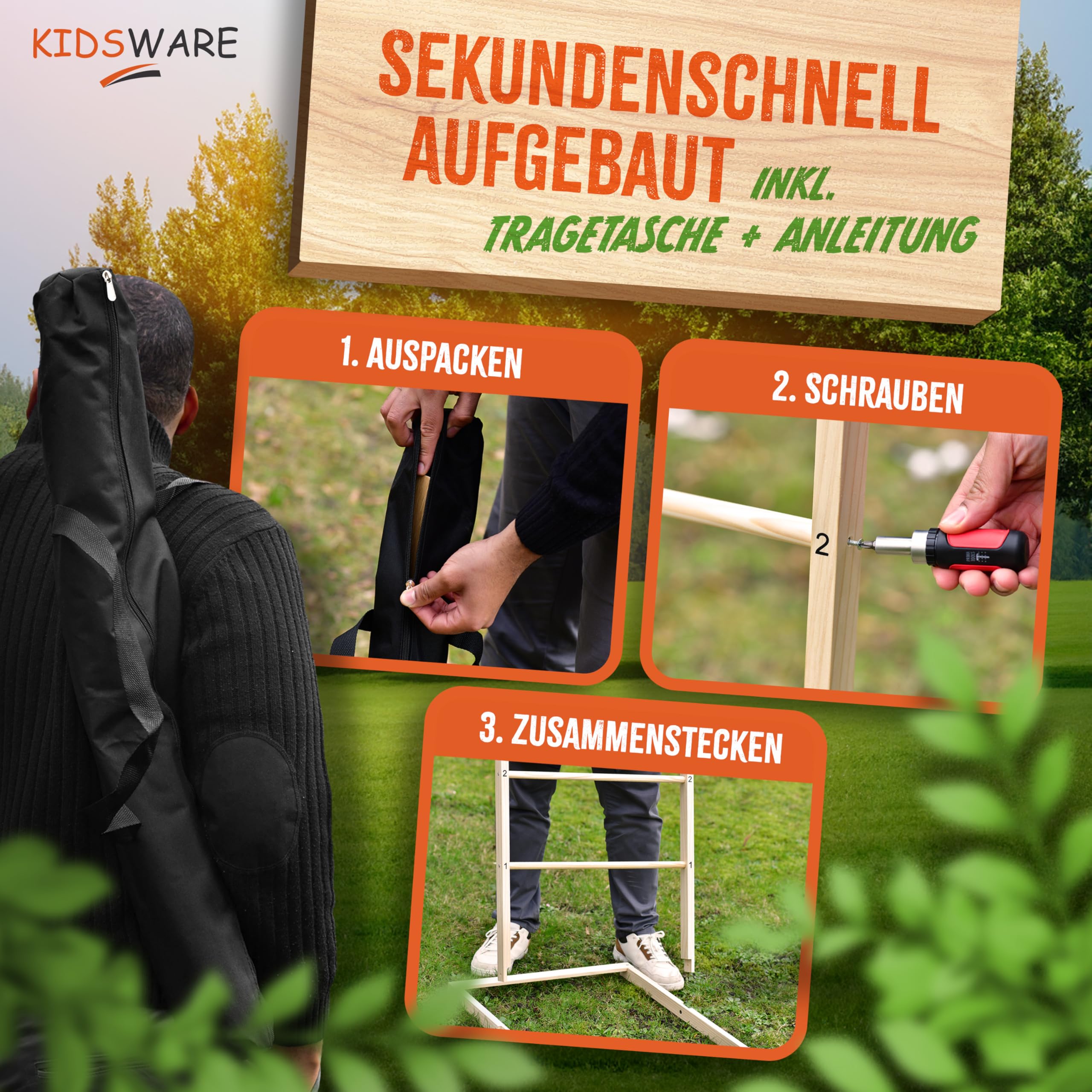 Jeu de golf d'échelle en bois pour adultes et enfants – 55 x 75 cm avec 9 bolas et sac