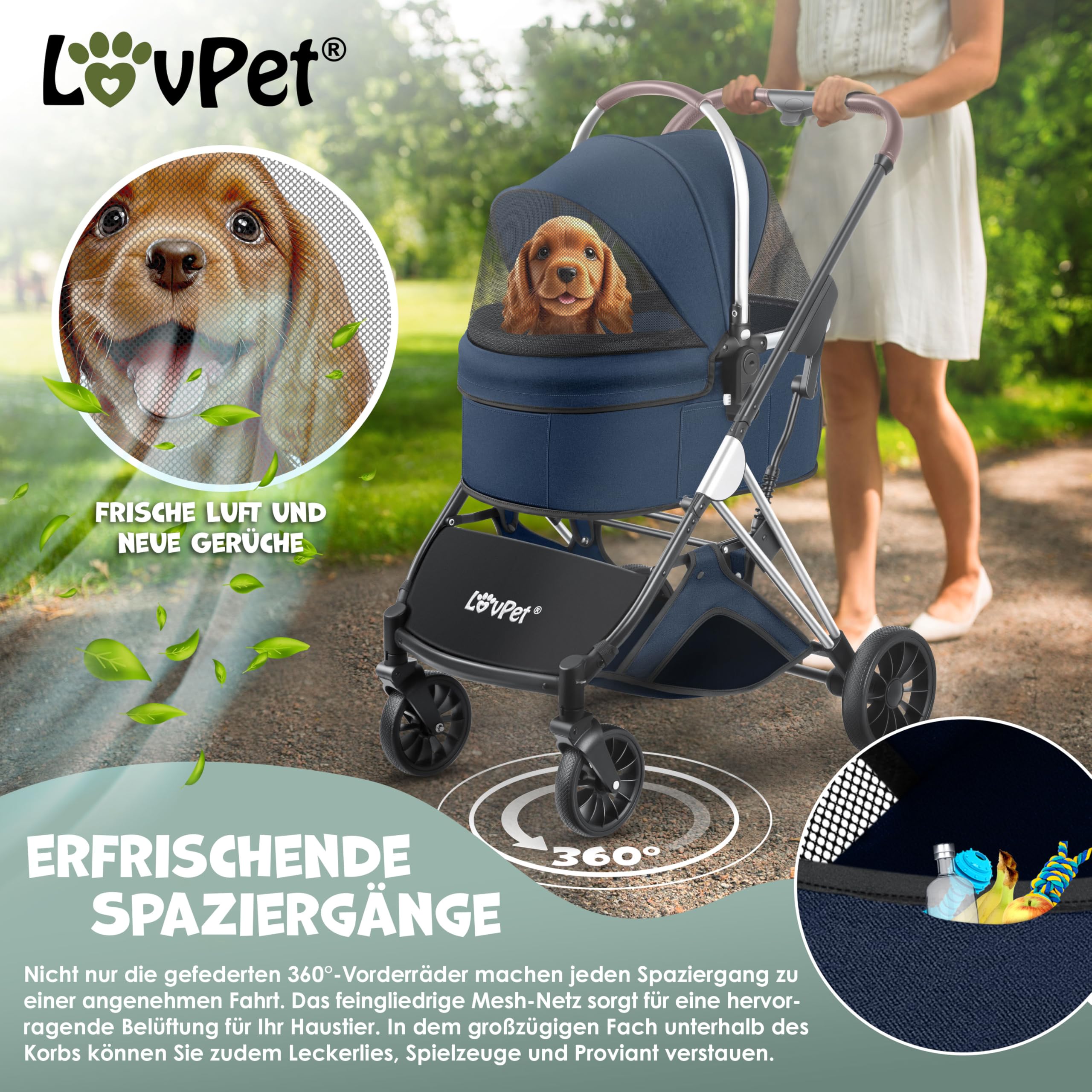 LOVPET® Passeggino per cani 3 in 1, borsa per il trasporto per cani di piccola taglia, pieghevole a 360°, con finestre a rete e copertura antipioggia, per cani di piccola taglia e gatti