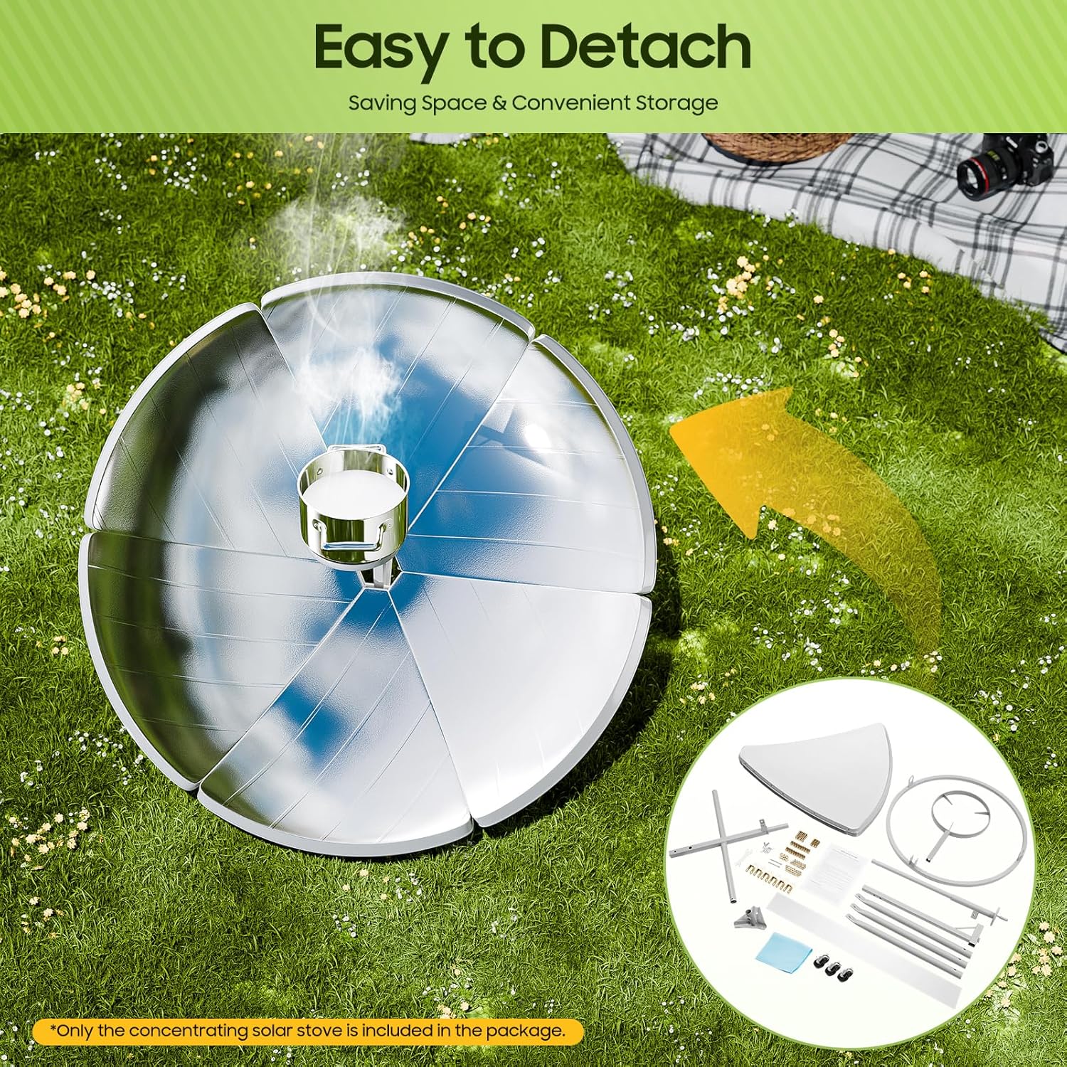 Solar Cooker 59'' Diameter Outdoor Solar Oven Detachable Concentrating, 800-1000°C Adjustable Temperature Portable Outdoor Oven for 9.84" Cookware