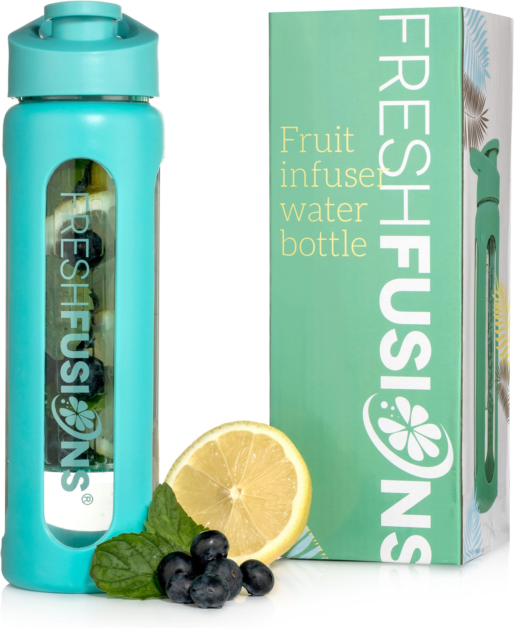 Fresh Fusions Glass Fruit Infuser Water Bottle - 20 oz - With Protector Sleeve + Recipe Ebook - Includes 25 Infused Water Recipes (WITH BPA FREE TRITAN PLASTIC INFUSER)