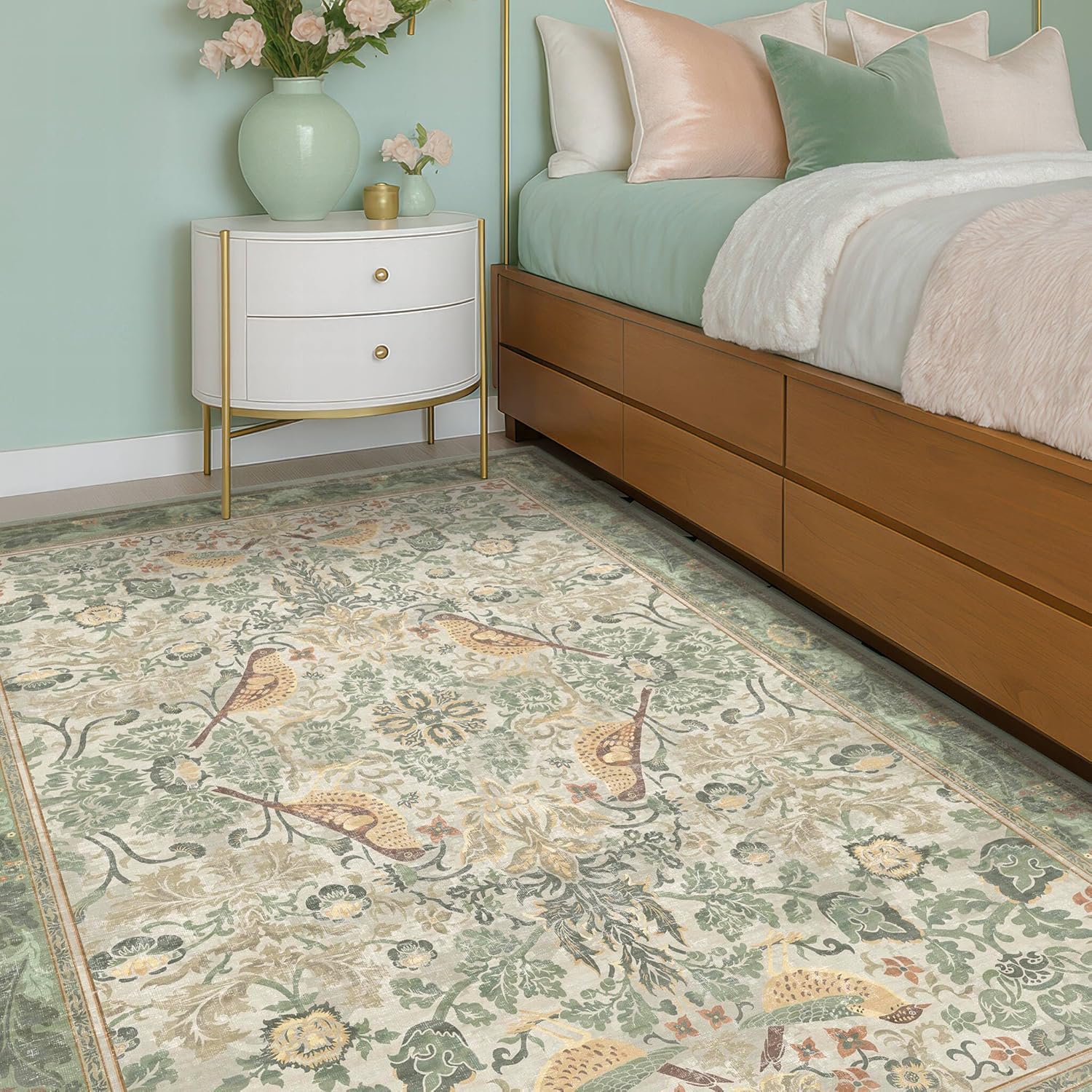 Washable Sage Green Area Rugs 5x7 for Living Room, Bedroom Bedside, Dinning Room, Office, Muted Cream Green Non Slip Stain Resistant Low Pile Botanical Floral Bird French Country Decor - Image 6