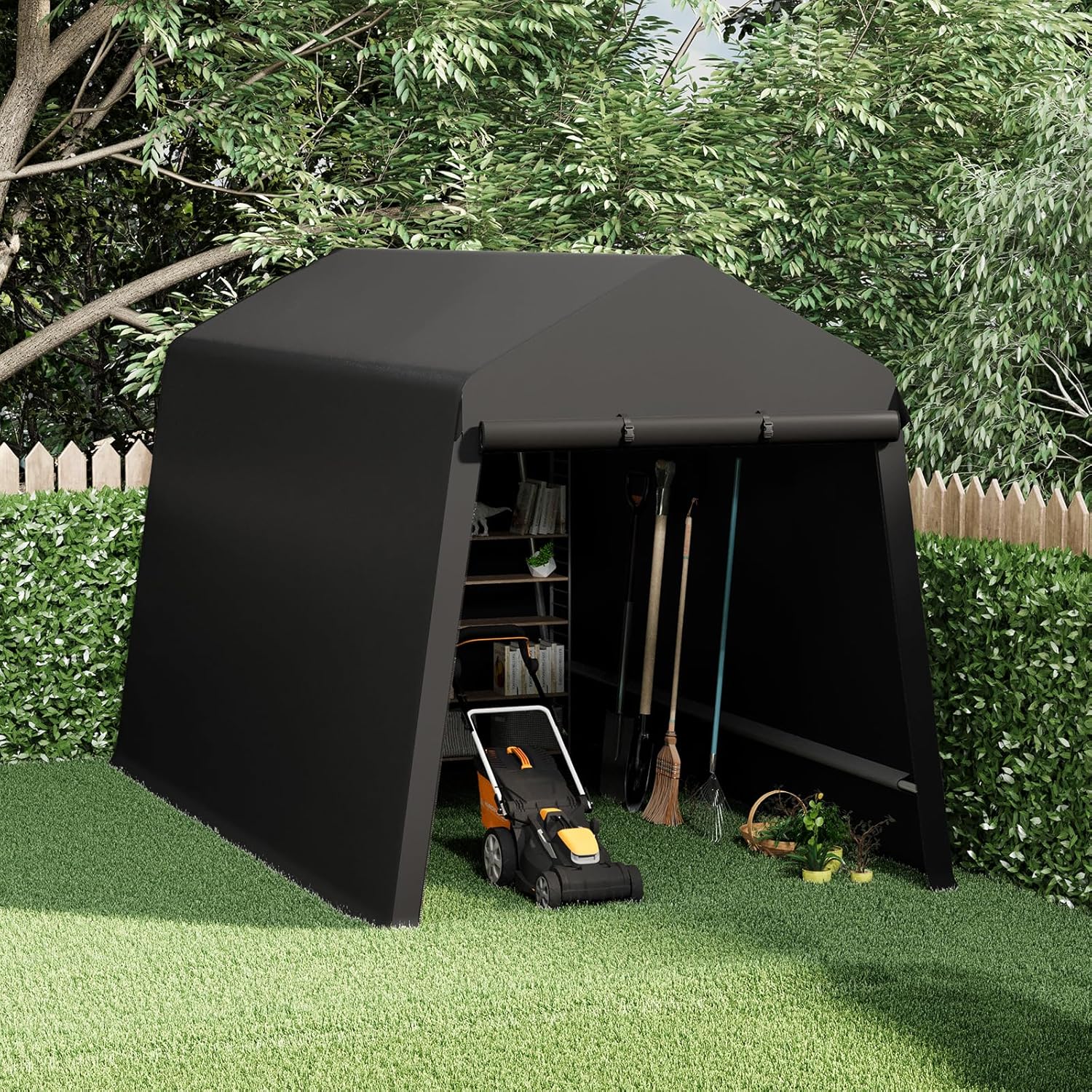 7X12 Ft Outdoor Portable Storage Shelter Shed with Rolled Up Zipper Doors & Vents, Heavy Duty Carport for Motorcycle Waterproof and Uv Resistant Anti-Snow Portable Garage Kit Tent, Black